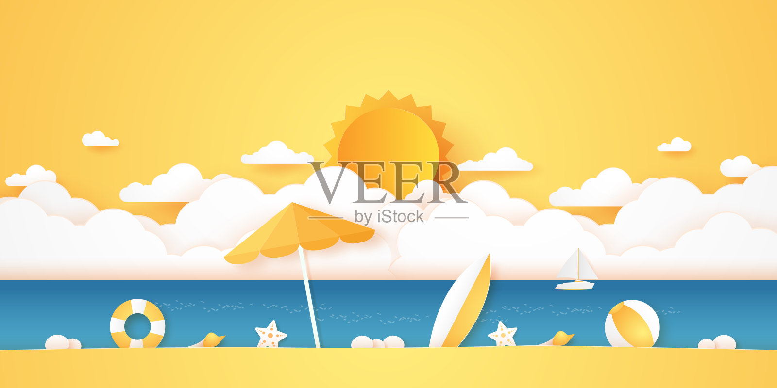 夏天的时候，大海和海滩有东西，云彩和阳光与明亮的天空，纸艺术风格插画图片素材