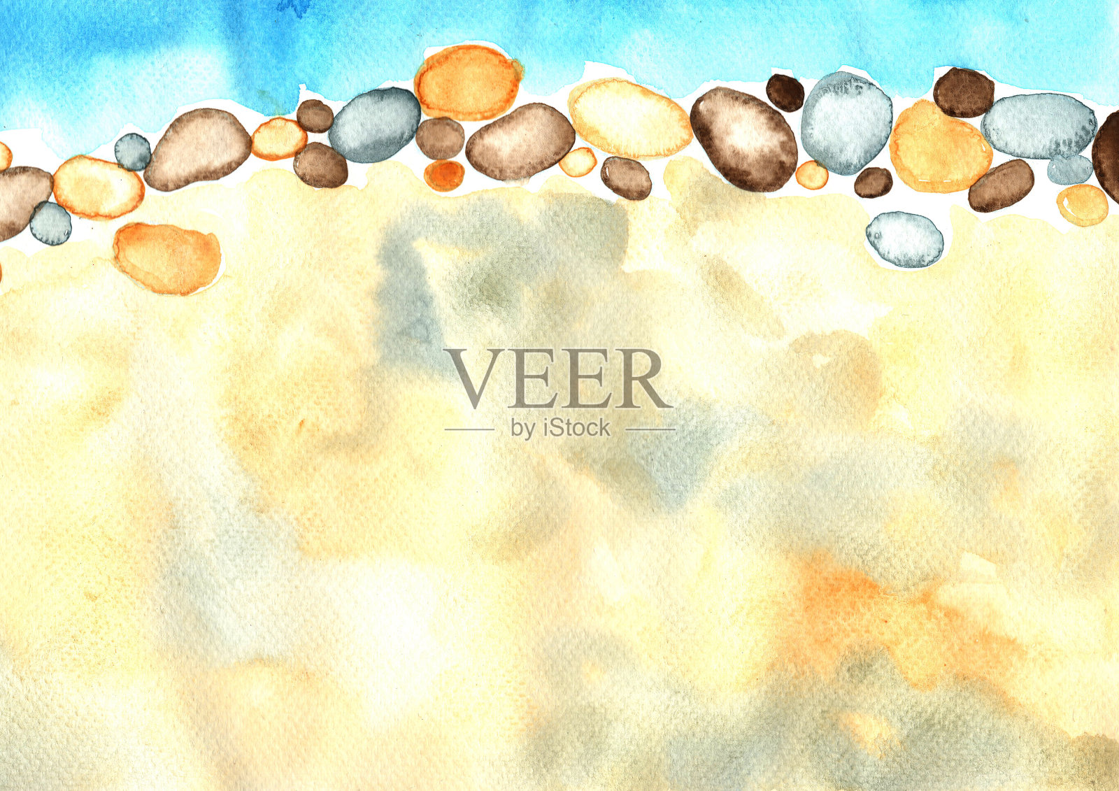 河岸以水、岩礁和沙为手绘水彩背景。插画图片素材