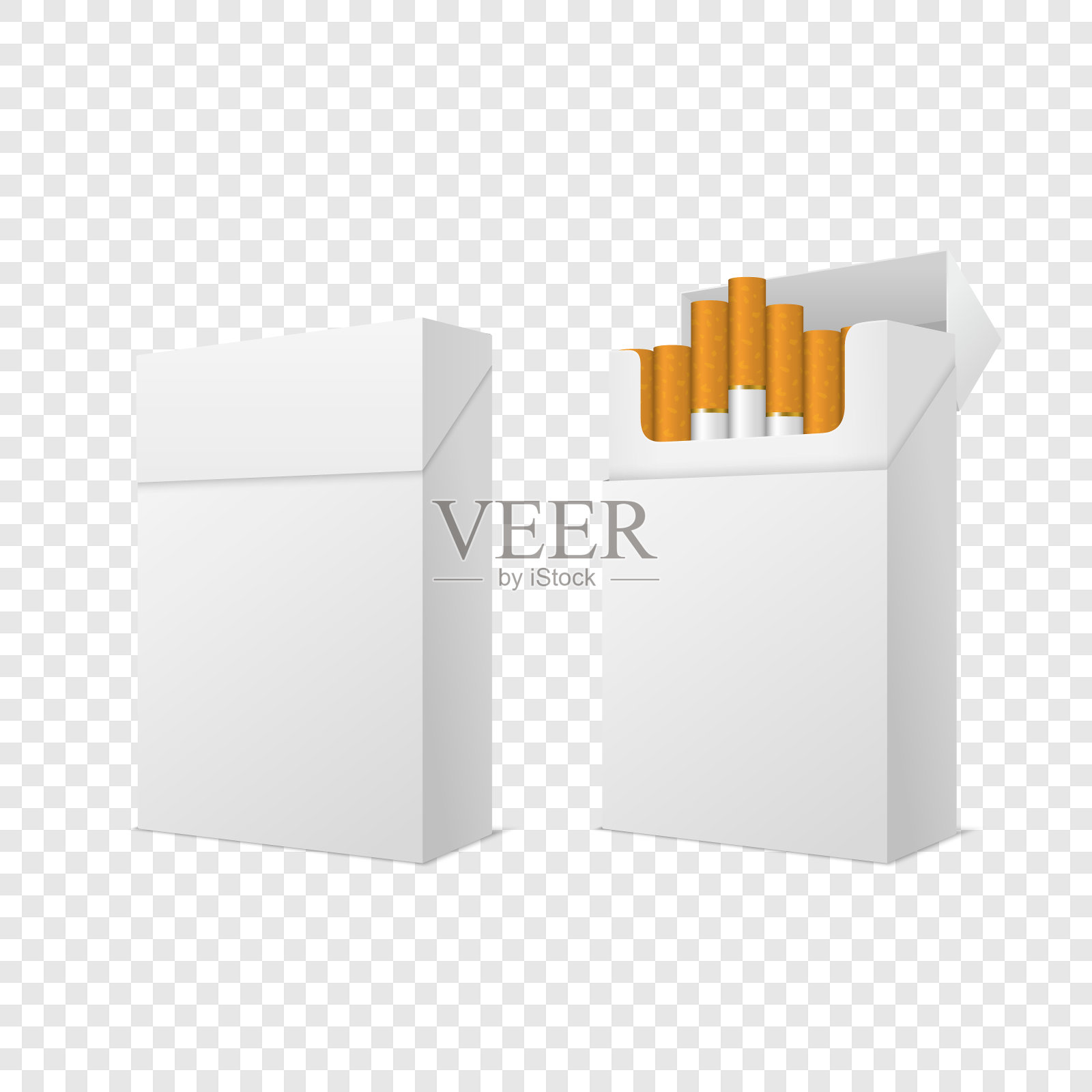 矢量现实封闭和打开清晰空白空和香烟包装盒设置隔离透明背景。设计模板。采购产品烟雾问题概念，烟草，香烟模型。侧视图插画图片素材