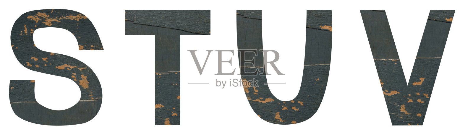 孤立的一套字体英语或拉丁字母STUV由老剥落油漆木板与裂缝在白色的背景照片摄影图片