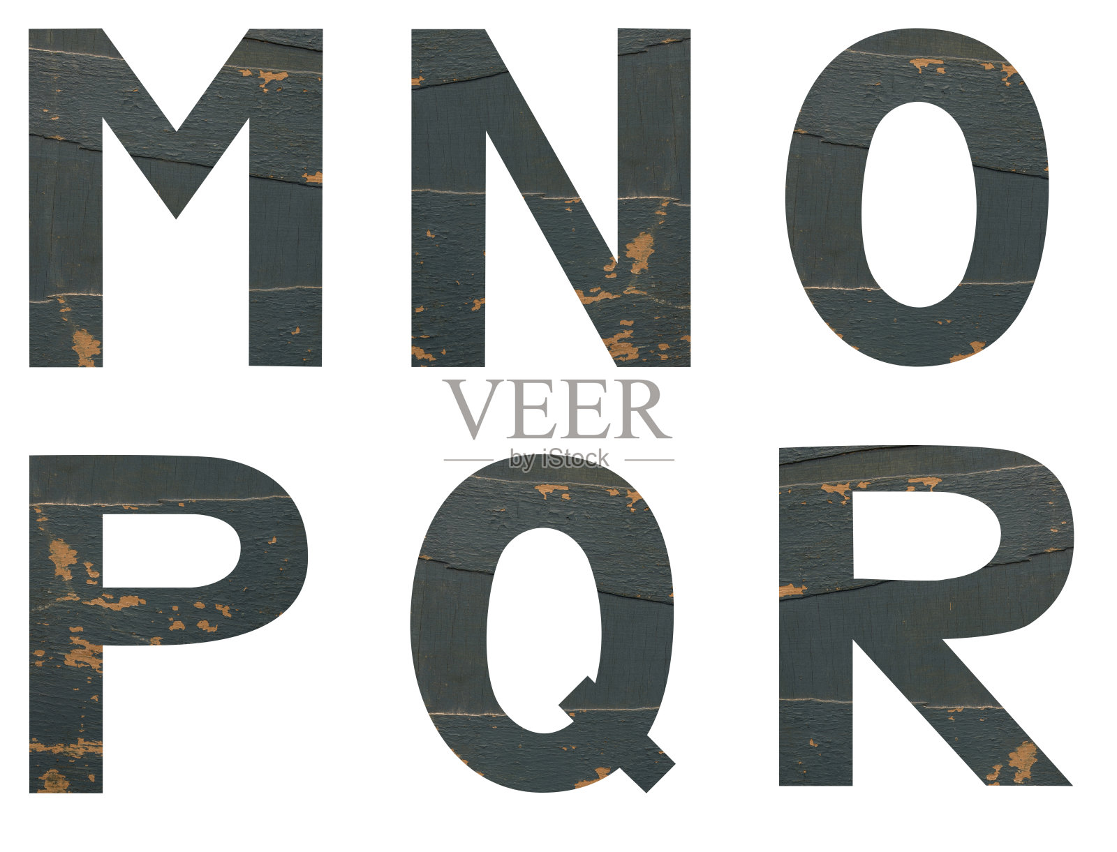 孤立的一套字体英文或拉丁字母MNOPQR由老剥落油漆木板与裂缝在白色背景照片摄影图片