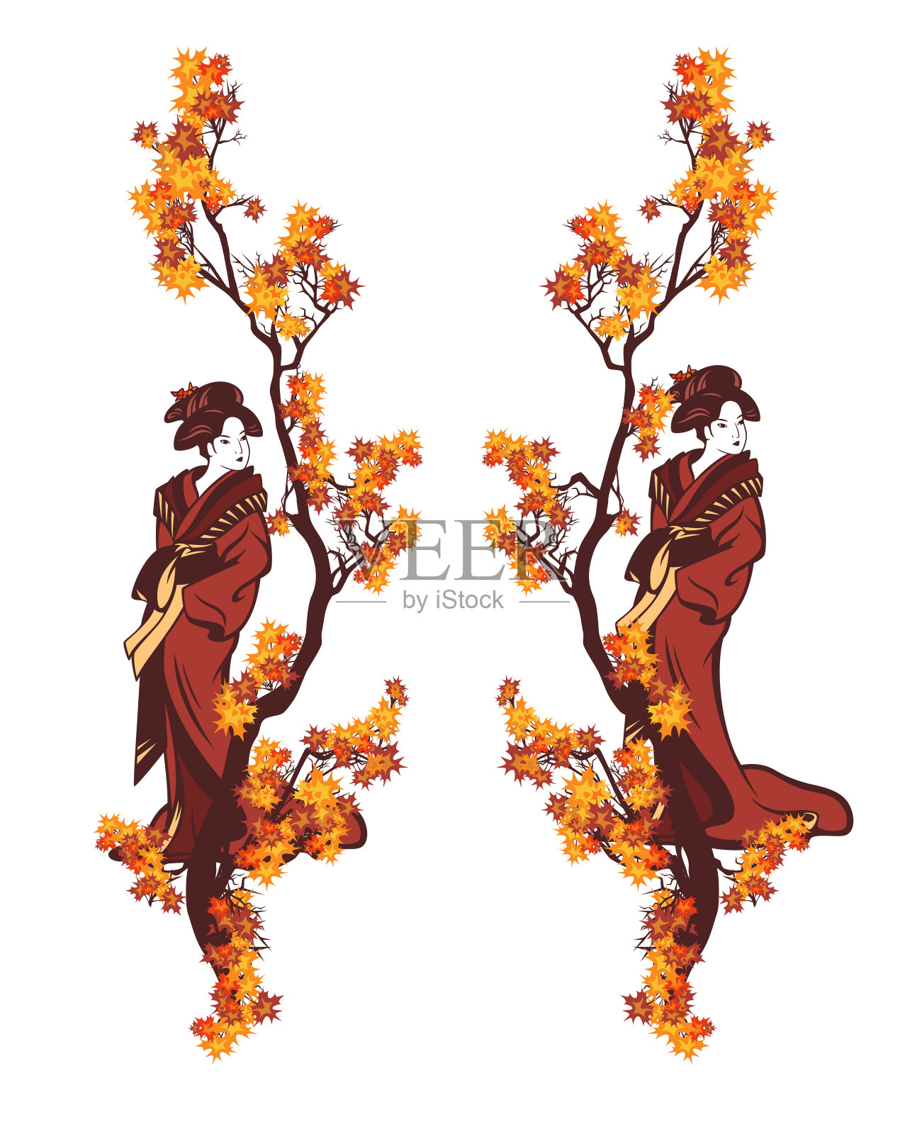 日本艺伎和秋枫季节的树枝矢量设计集设计元素图片