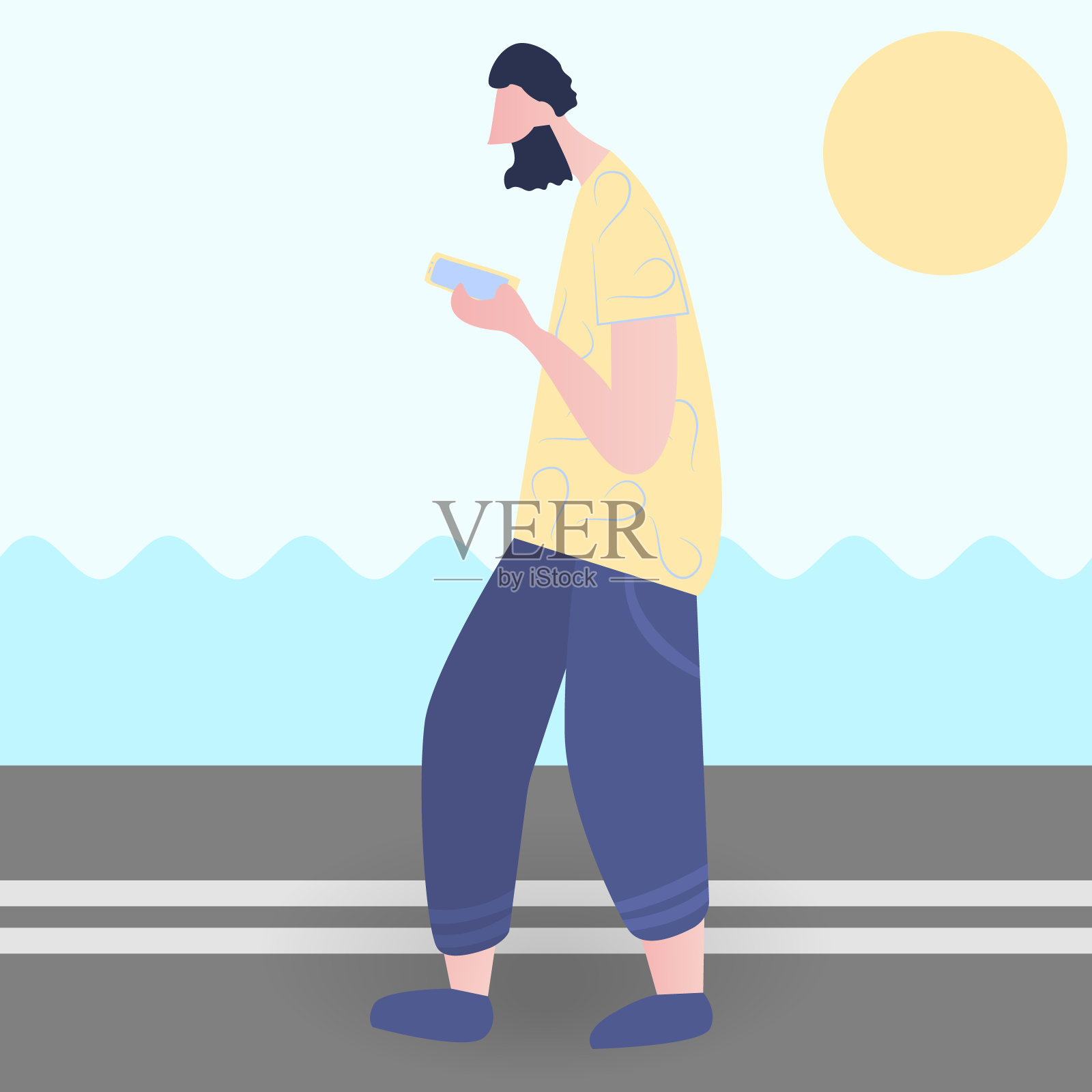 男人看着他的电话走在海边的街道上简单的矢量插图。可爱的彩色人物在时尚的卡通扁平风格发送信息。艳阳当空插画图片素材