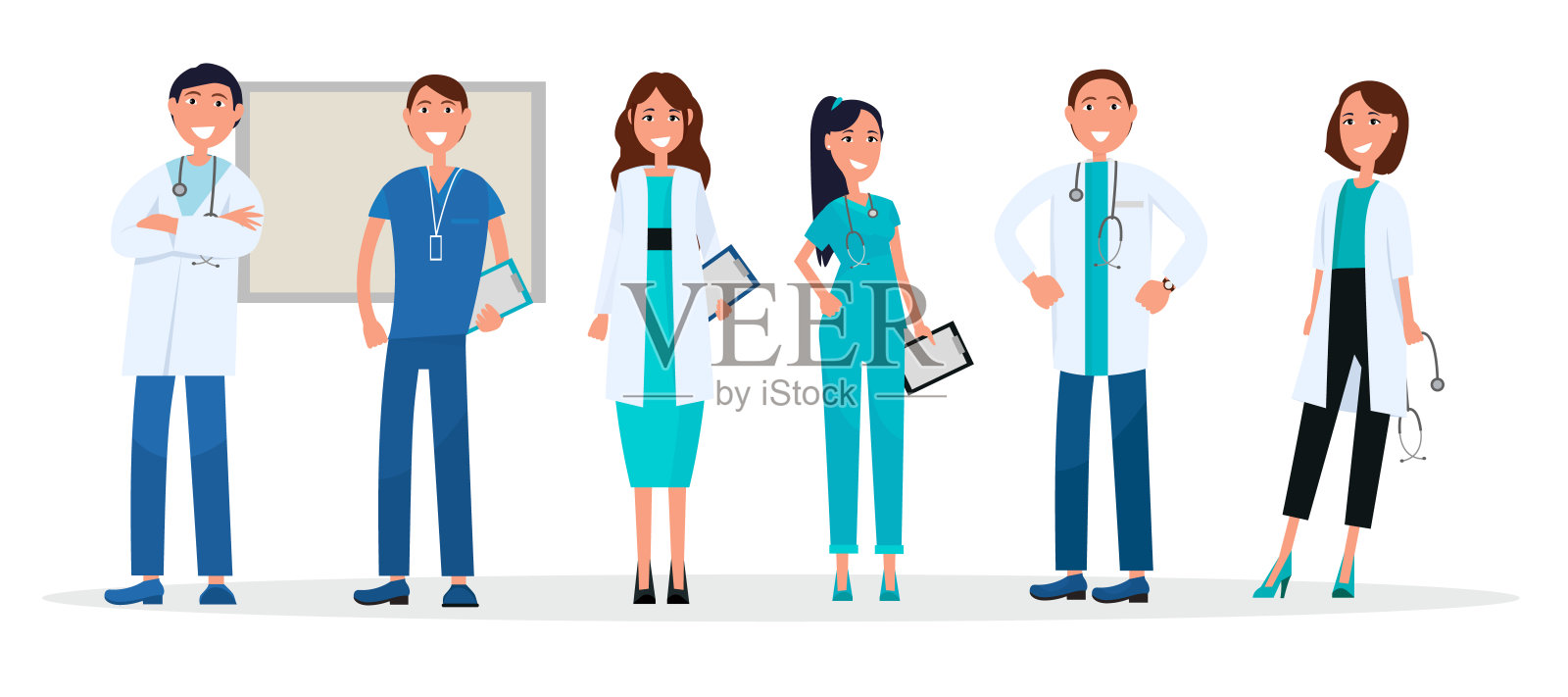 一群身穿制服微笑站立的医生插画图片素材