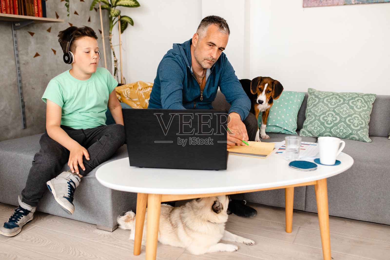 好奇的儿子花时间与他的父亲在家里工作的笔记本电脑照片摄影图片