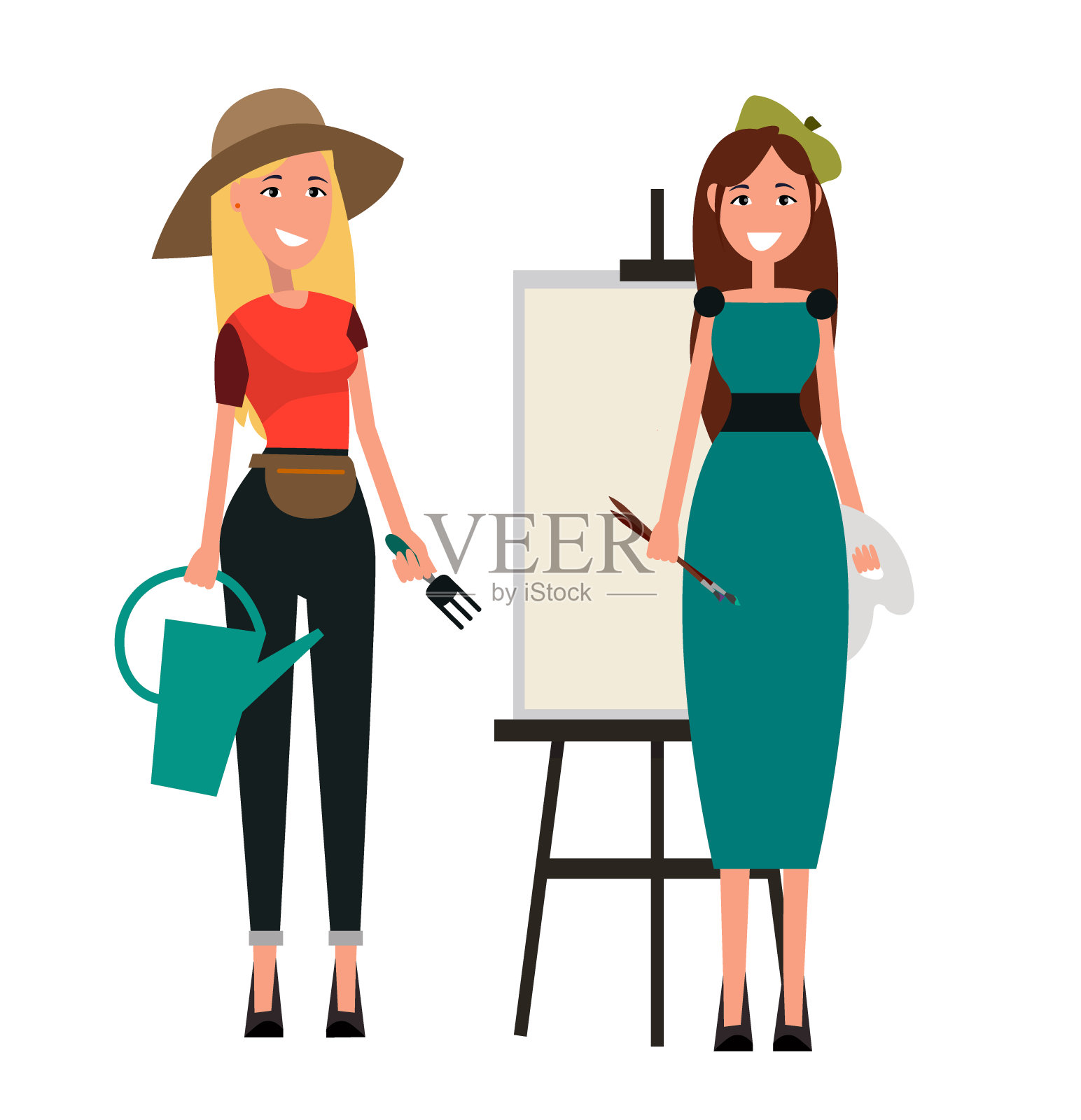 《两个女人》。园丁和画家平面设计插画图片素材