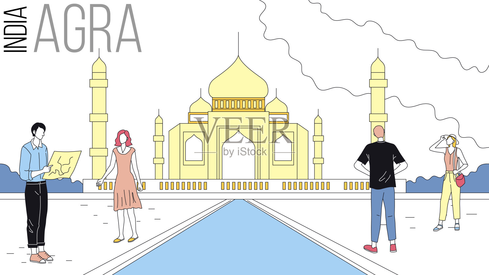 阿格拉观光旅游概念。人们访问印度。男性和女性角色与城市地图访问城市的著名地标。卡通线性轮廓扁平风格。矢量图插画图片素材