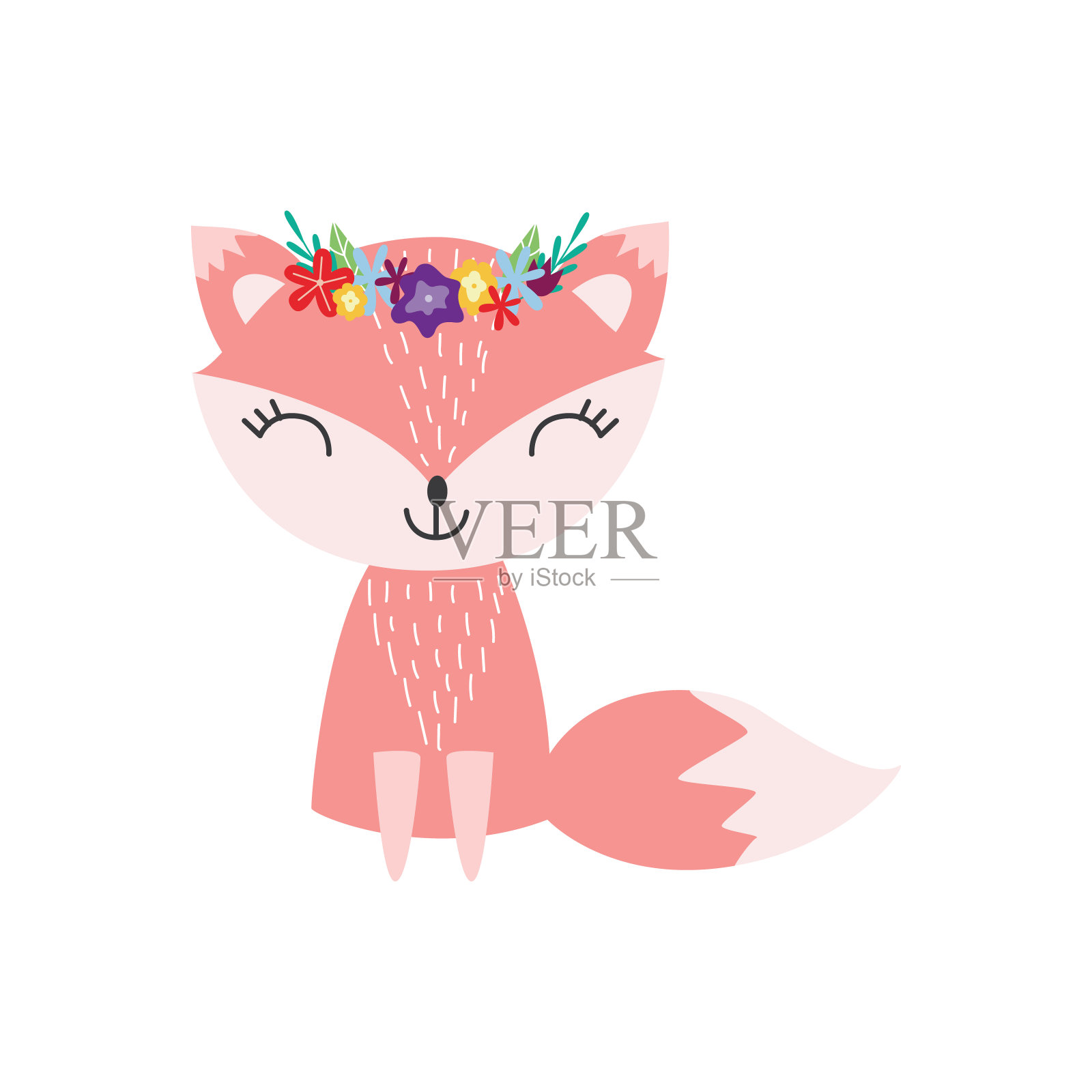 可爱的狐狸花花环平面矢量插图在斯堪的纳维亚风格孤立。设计元素图片