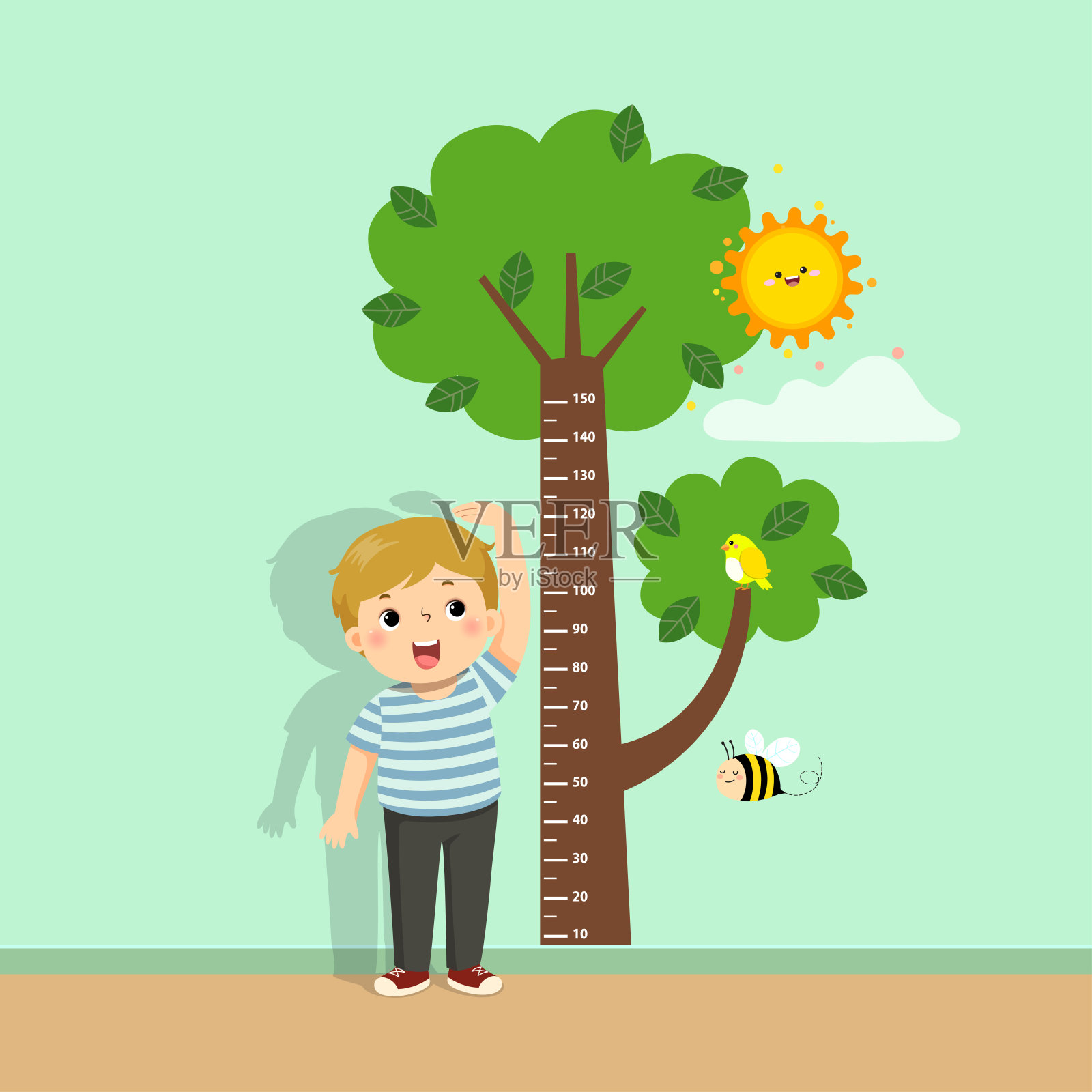矢量插图可爱的卡通男孩测量他的高度与树的高度图表在墙上。插画图片素材