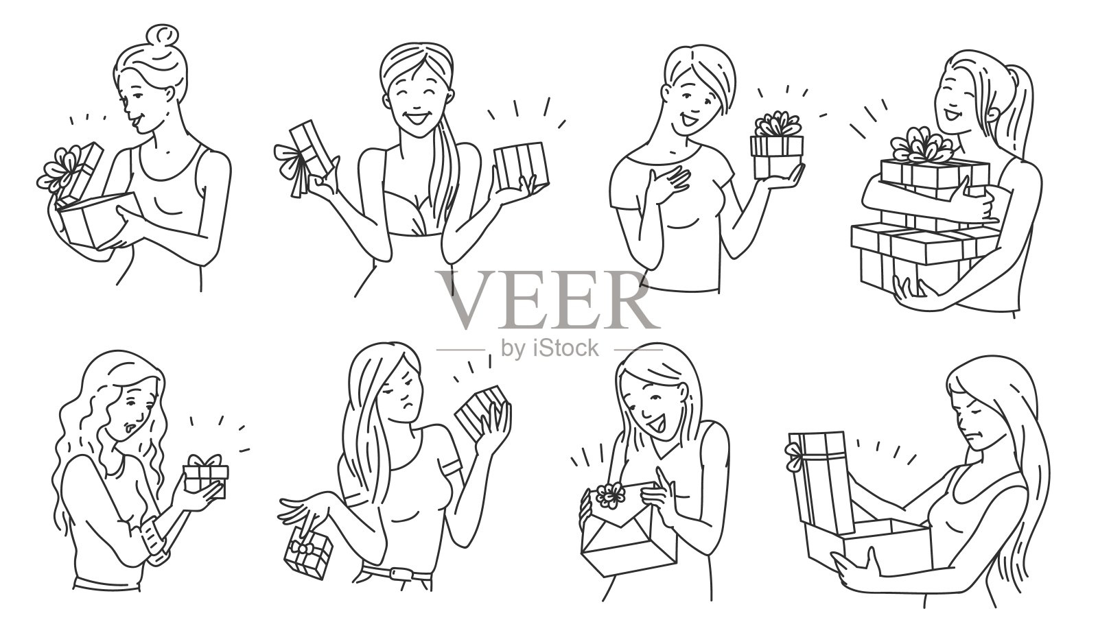 女人收礼物，卡通矢量插图设于线艺术孤立。插画图片素材