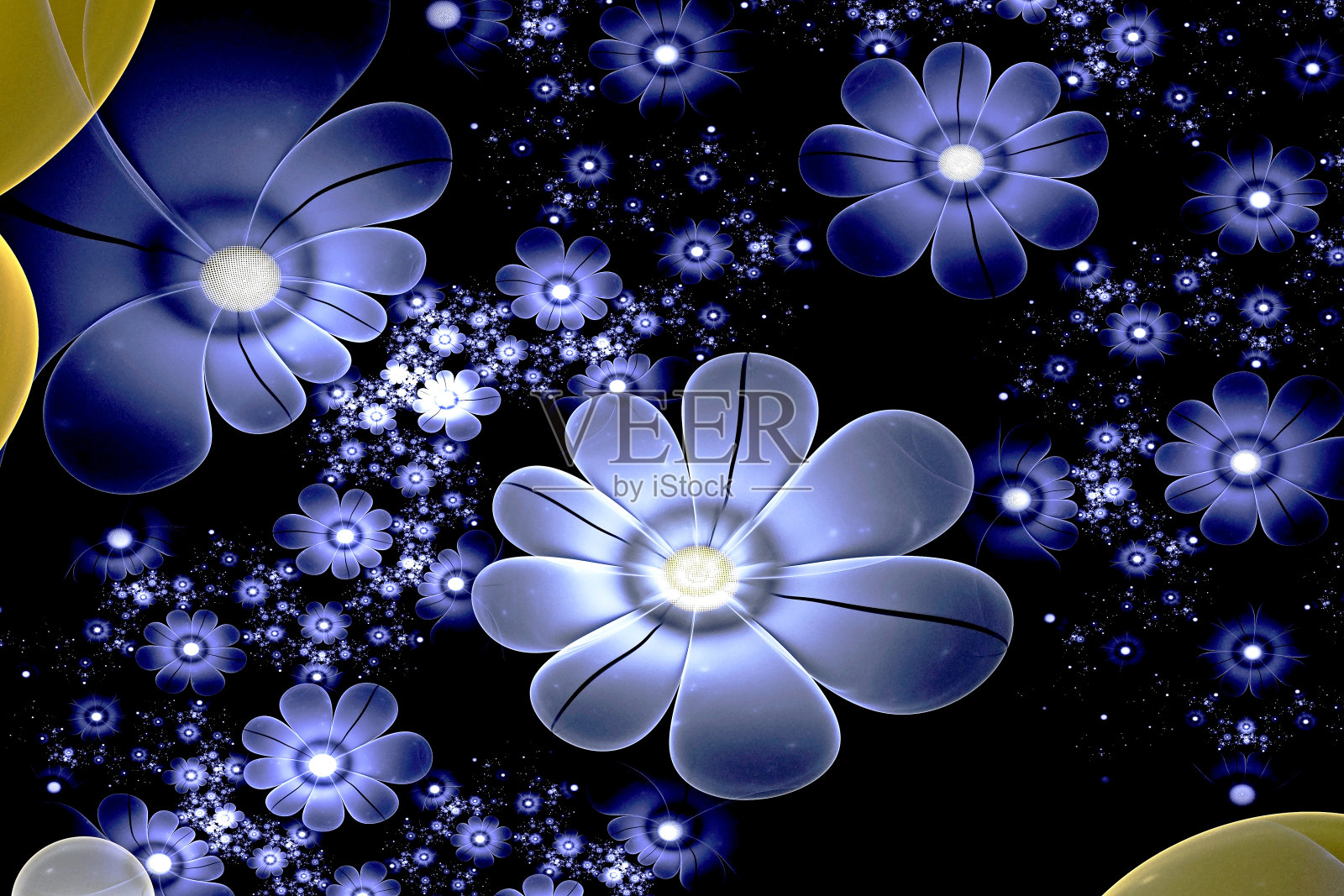 抽象的分形三维空间蓝色花朵映衬着美丽的星空。在黑色背景上的彩色分形图像照片摄影图片