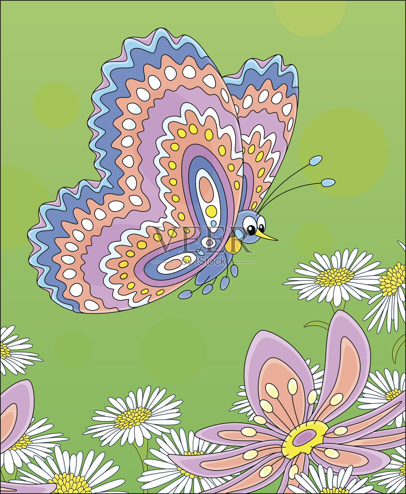 鲜艳的蝴蝶飞过野花插画图片素材