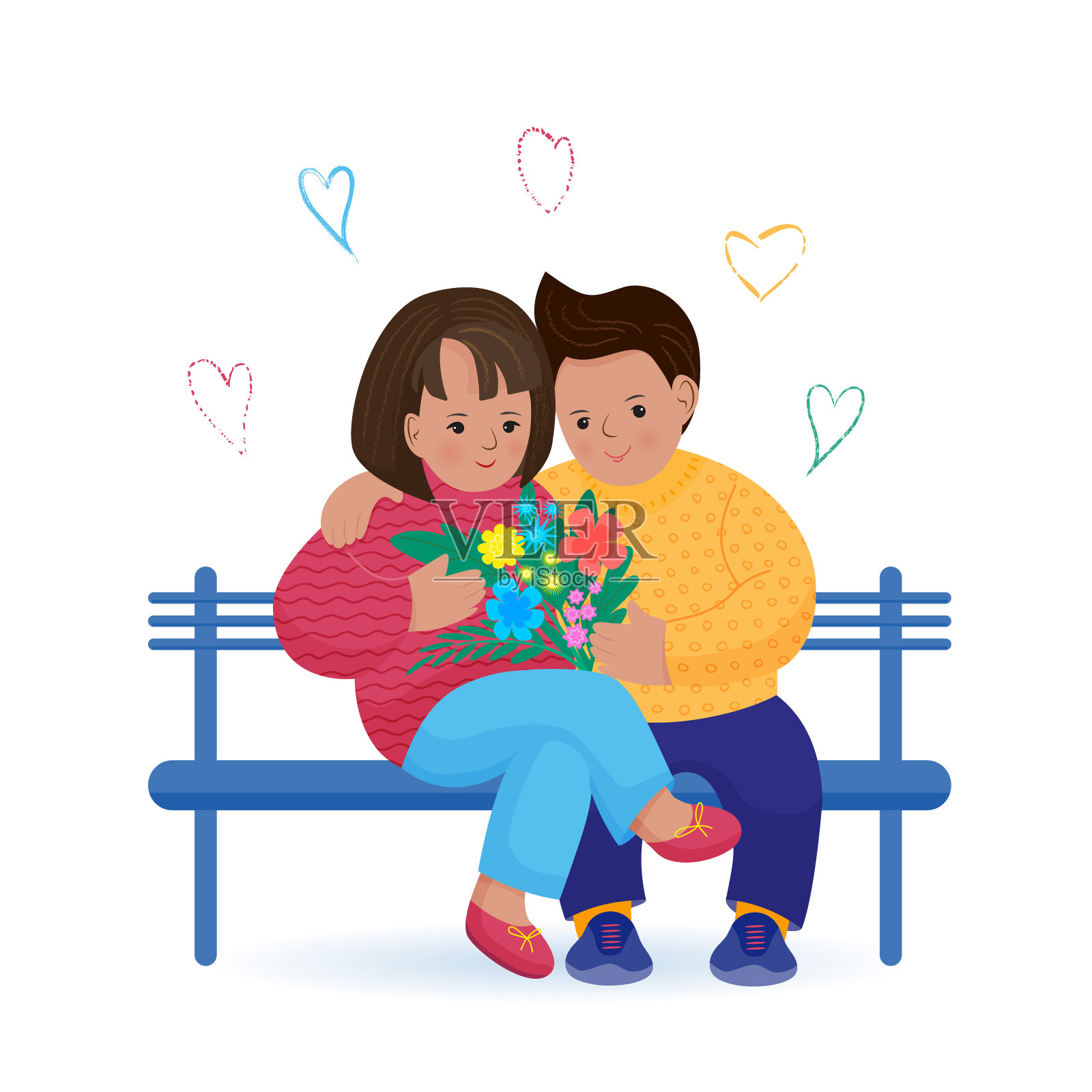 女孩和男孩拿着花坐在长凳上插画图片素材