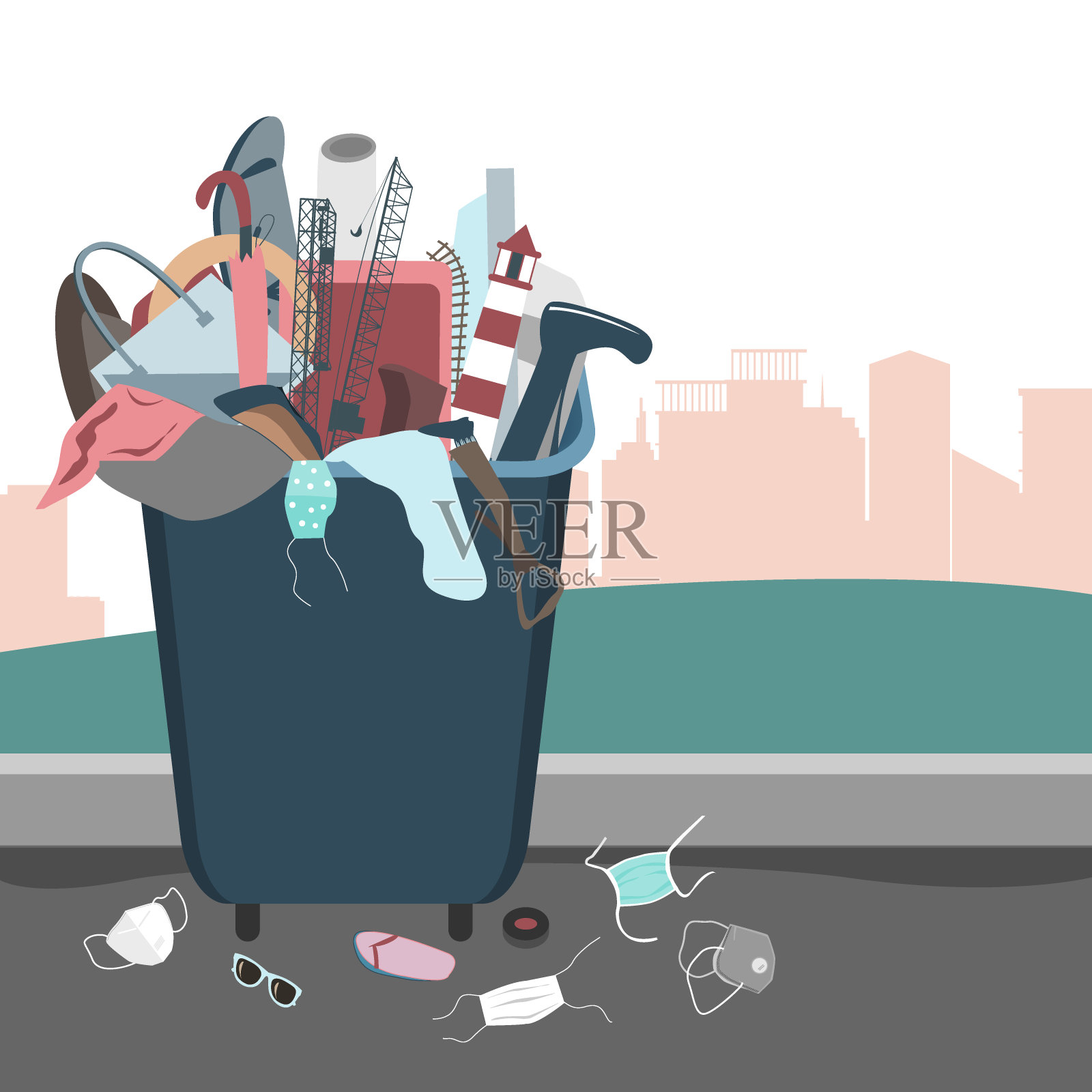 一次性医用口罩扔在垃圾桶附近的地上。冠状病毒爆发期间的环境污染概念插画图片素材