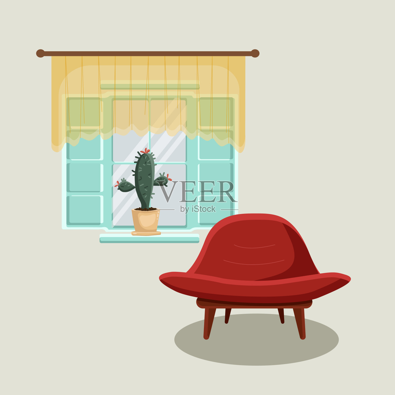 公寓的内部是一个时尚的椅子、窗帘和仙人掌插画图片素材