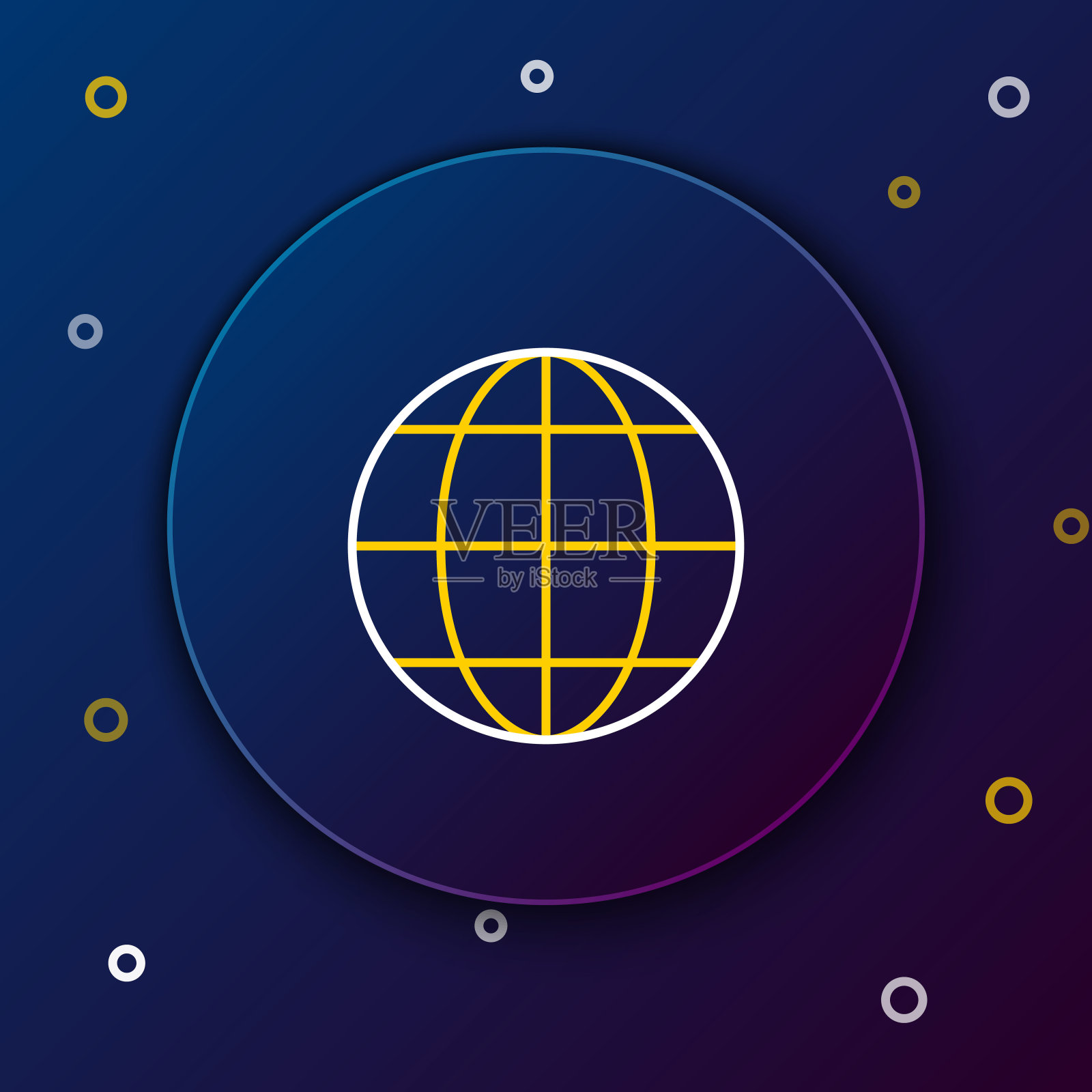 白色和黄色线地球地球仪图标孤立在深蓝色的背景。世界或土相星座。全球互联网的象征。几何形状。色彩斑斓的轮廓的概念。矢量图插画图片素材