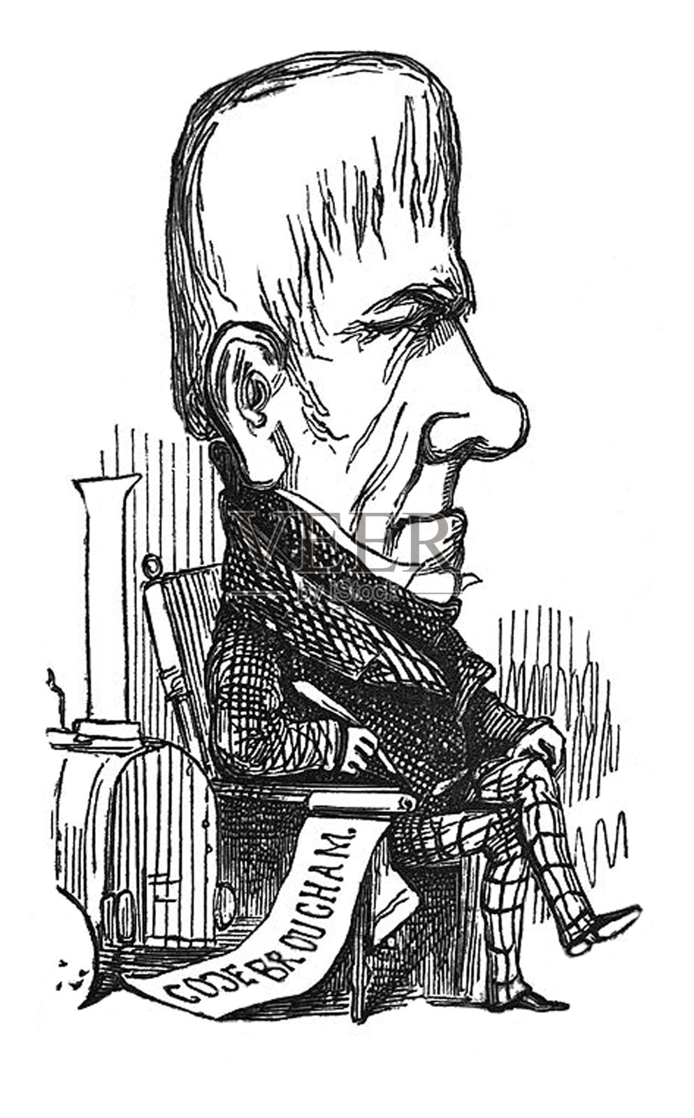 英国讽刺漫画，漫画，漫画插图-一个人有一个非常大的头坐在椅子上插画图片素材