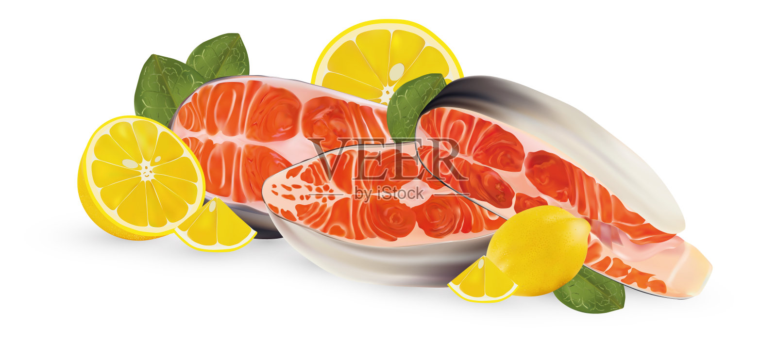 柠檬和绿叶鲑鱼片。新鲜海鲜，白底牛排鲑鱼。把红色的鱼切成薄片。美丽的插图。插画图片素材