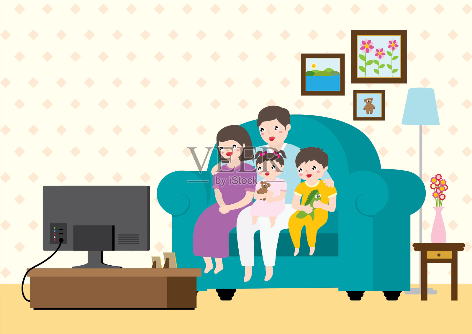 可爱的四口之家在家看电视新闻。矢量平面卡通插图。插画图片素材