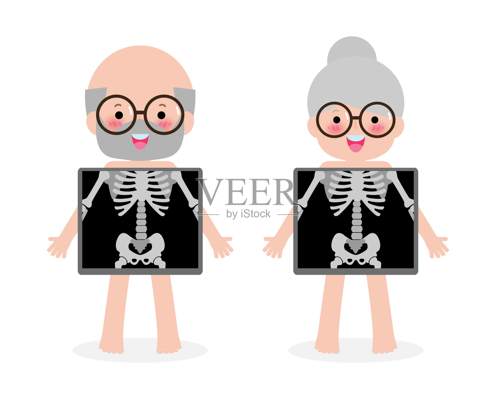 可爱的卡通老年夫妇与x光屏幕显示内部器官和骨骼。x射线检查骨头老年人，元素教育信息图矢量插图孤立在白色背景插画图片素材