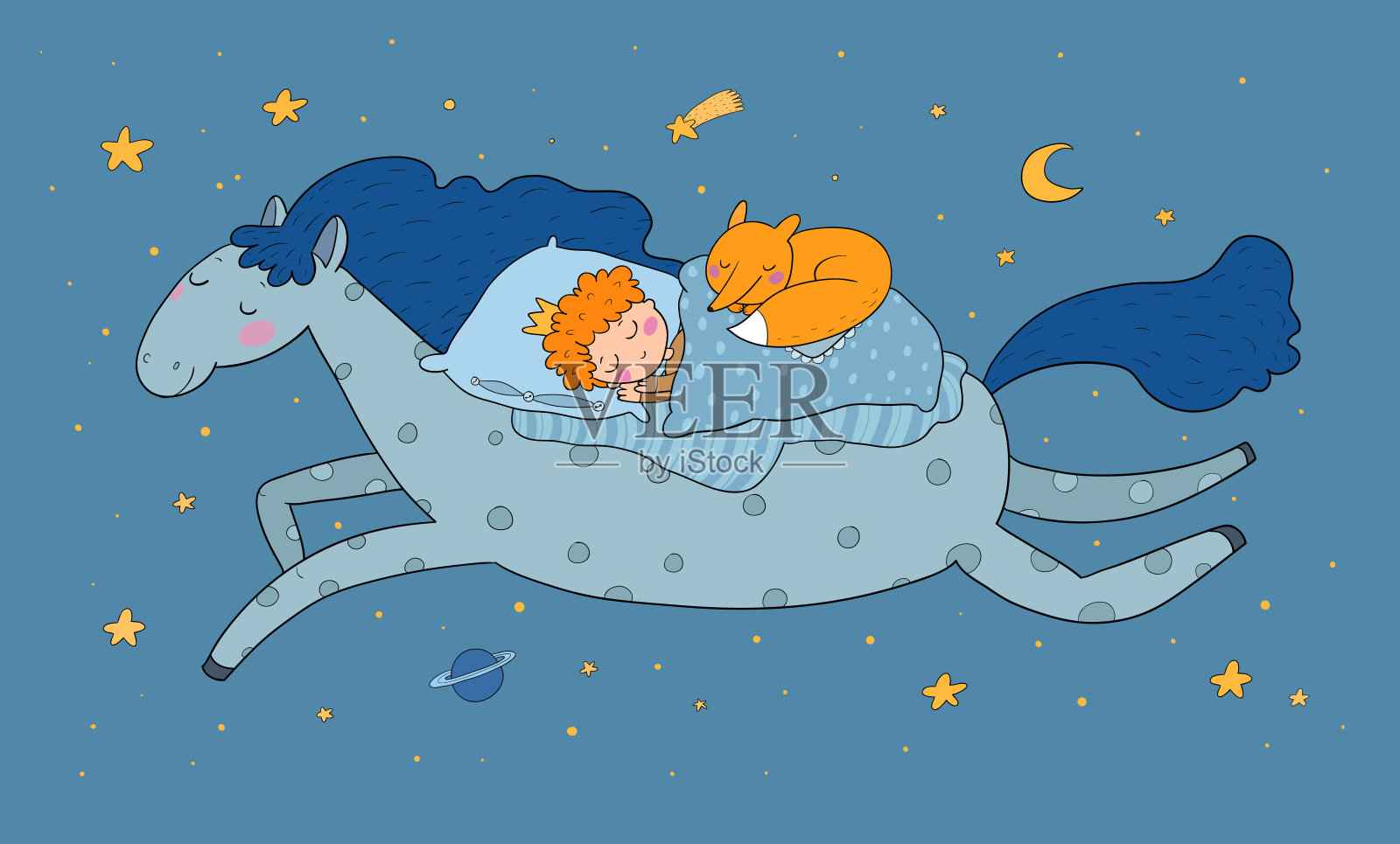 皇冠上的男孩睡在一匹魔法小马上。小国王。晚安，各位。甜美的梦插画图片素材