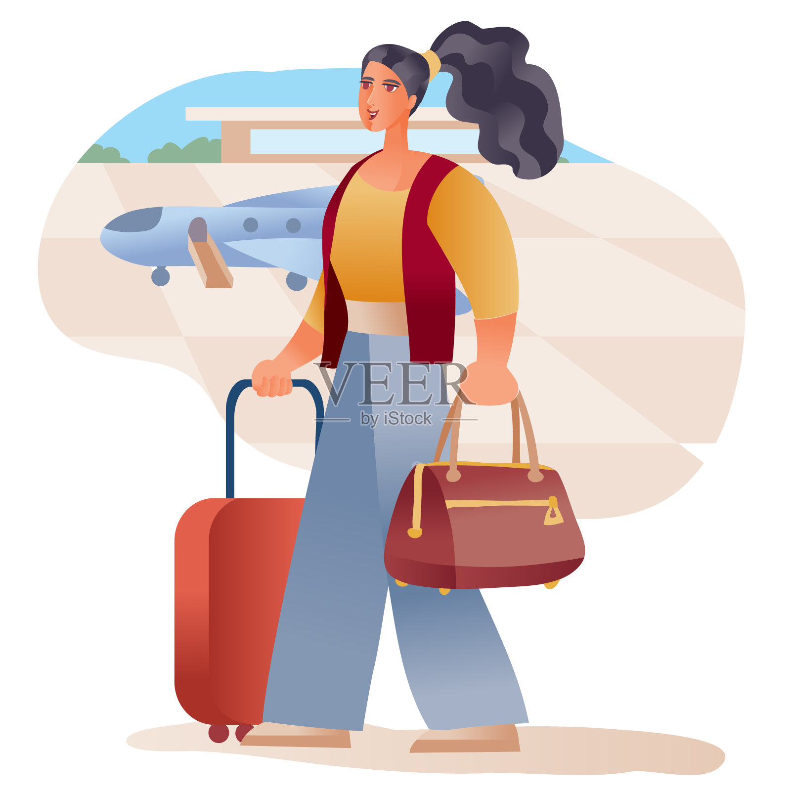一名黑发女子背着带轮子的行李箱，手里拿着手提包，背景是一架正在降落或下飞机的飞机。插画图片素材