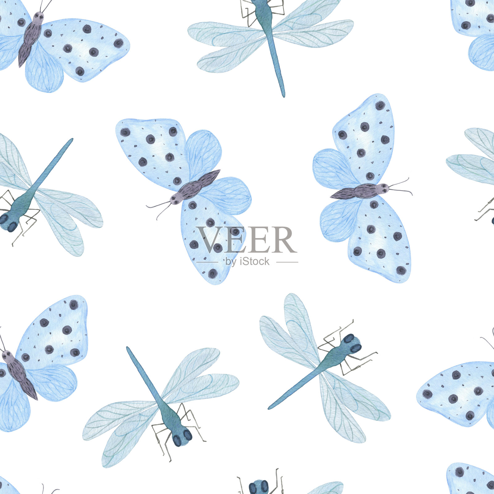 蓝色水彩温柔的蝴蝶和蜻蜓重复图案在白色的背景上，无缝简单的手绘装饰，夏季自然纺织品纪念品，剪贴簿，礼品纸插画图片素材