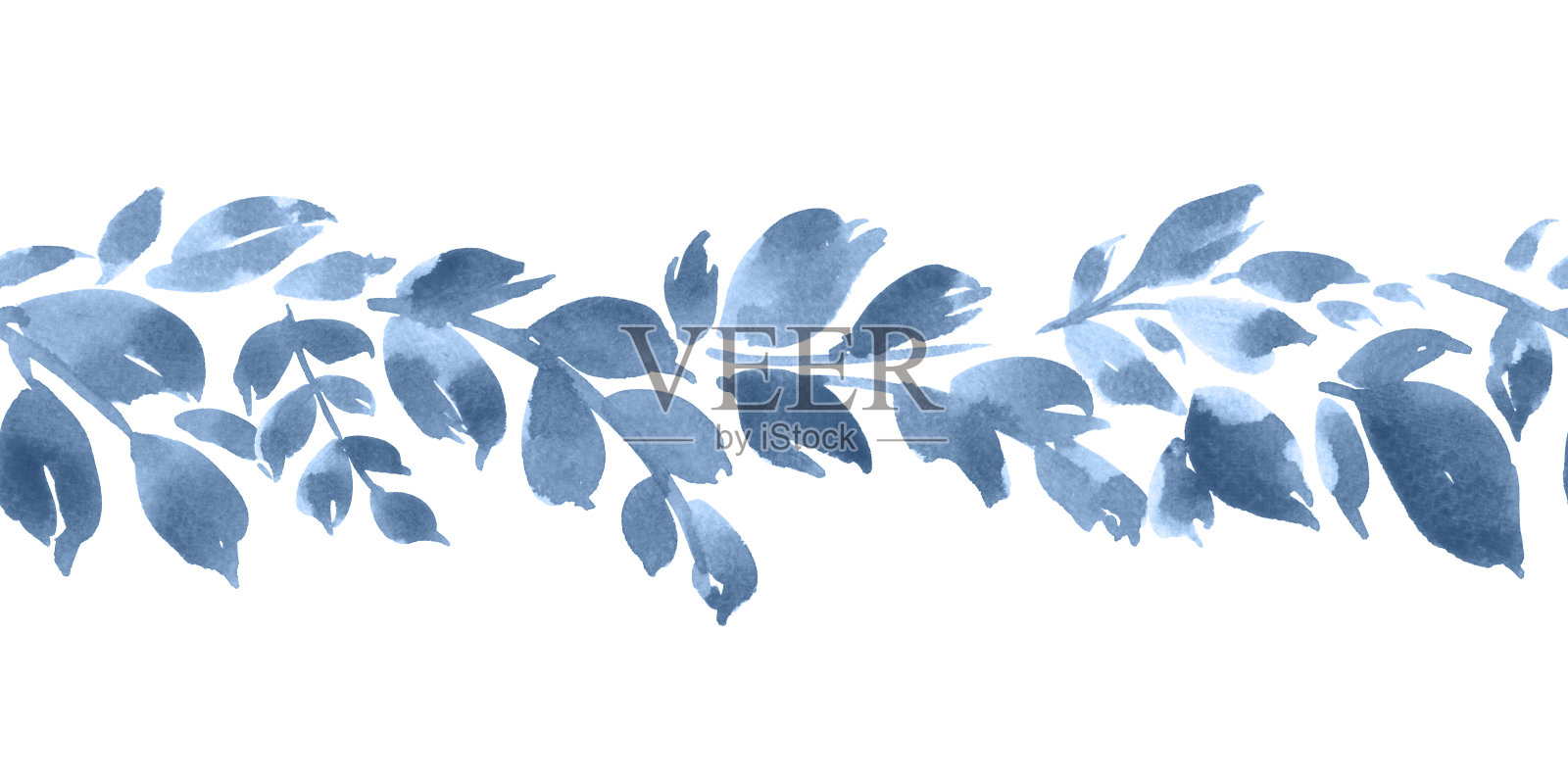 水彩花水平无缝图案与海军蓝叶插画图片素材