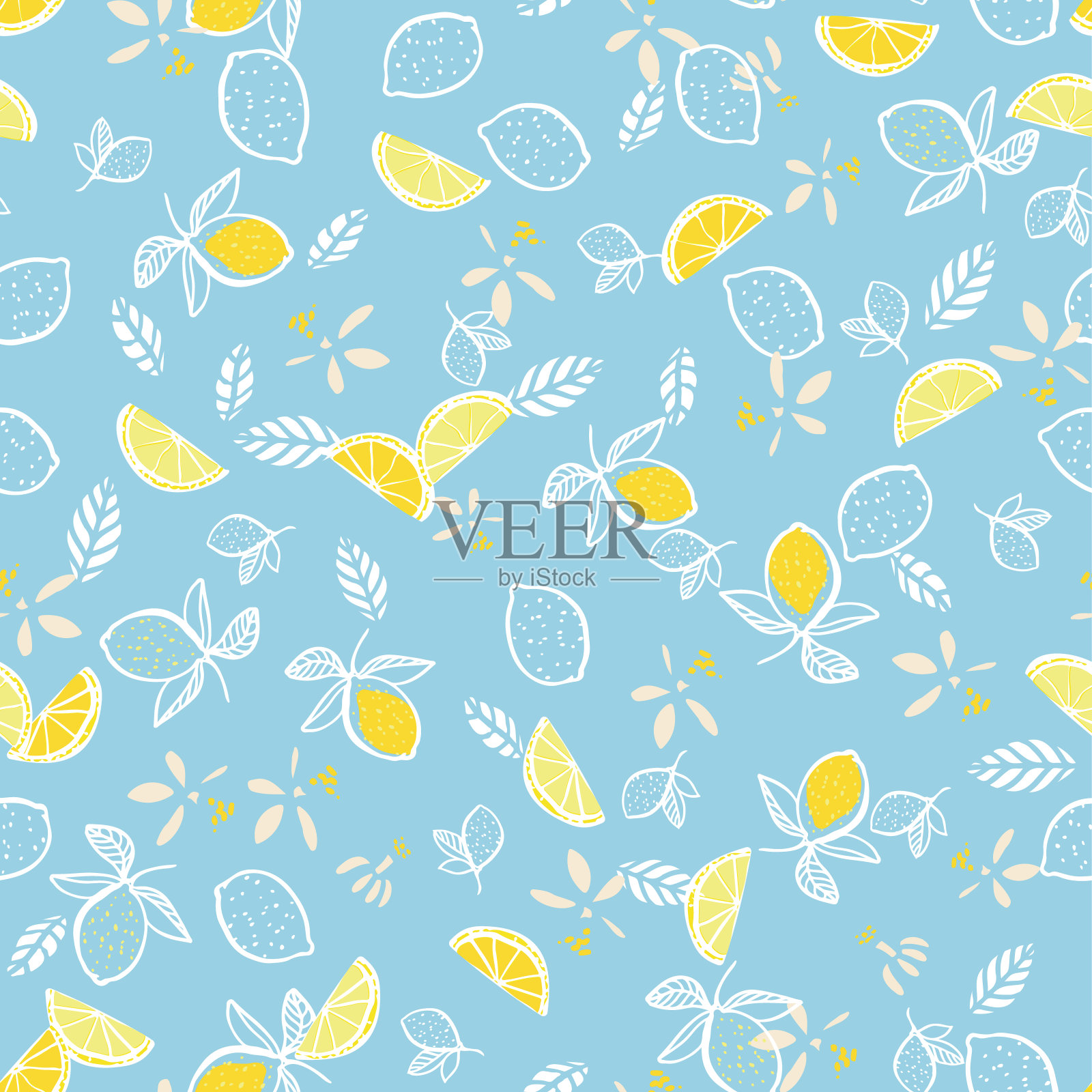 小花夏季柠檬重复图案。插画图片素材