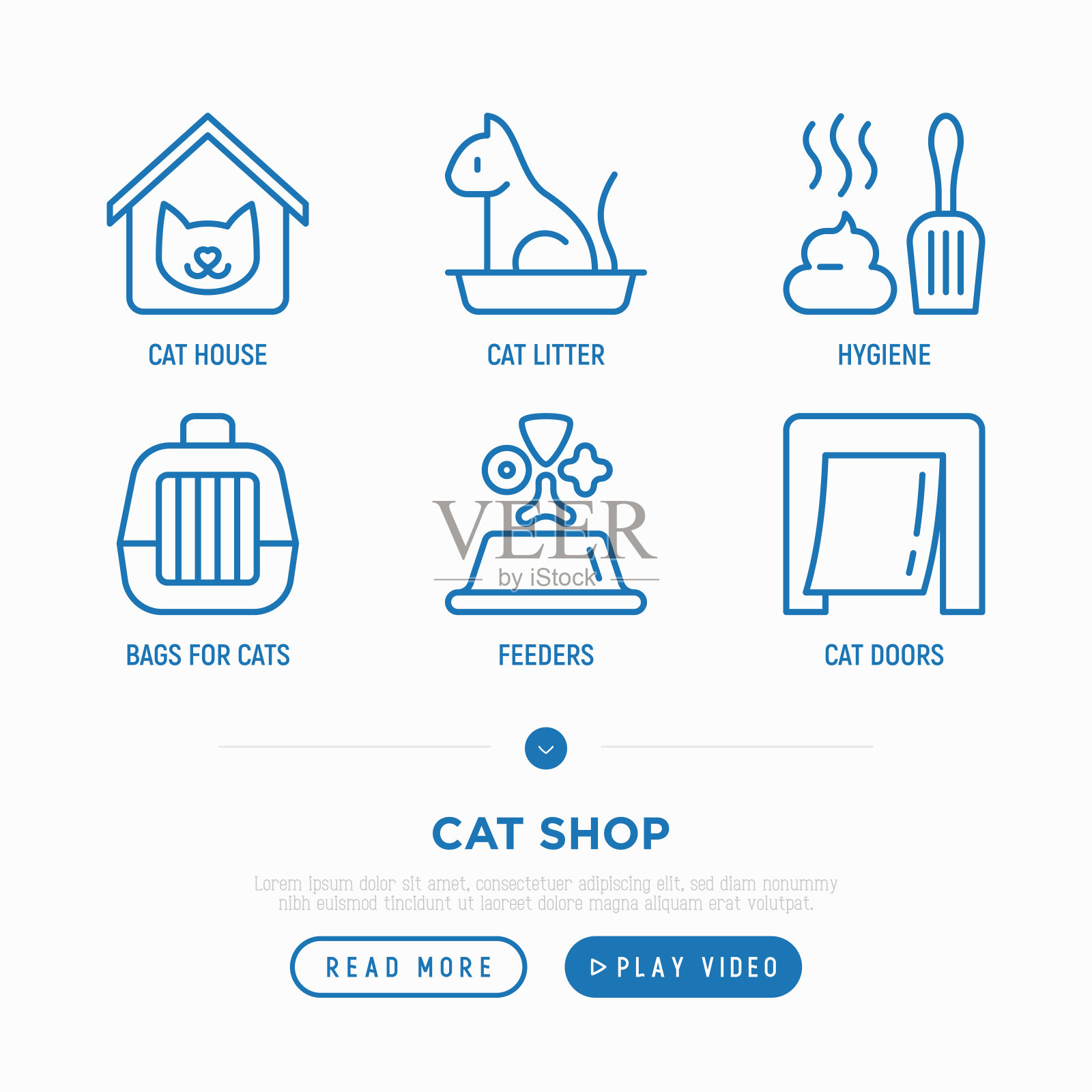 猫店细线图标集:宠物运输袋，卫生，猫屋，门口，宠物玩具，猫砂盒。现代向量插图。插画图片素材