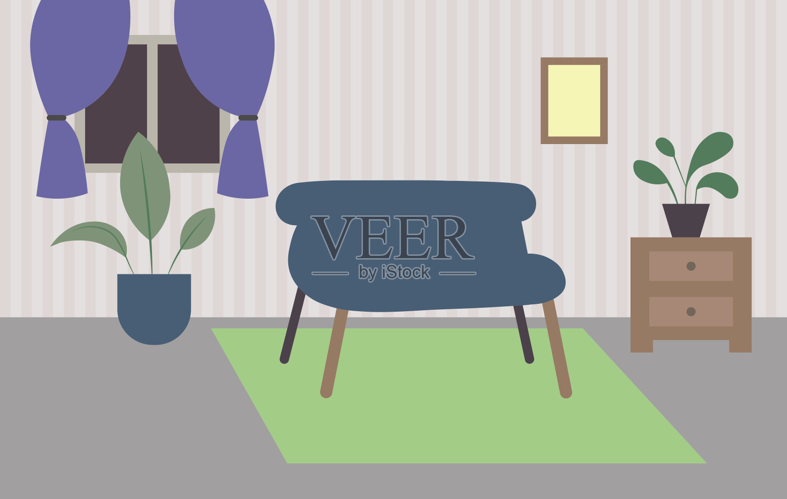房间矢量插图在平坦的颜色风格。扶手椅，窗户，窗帘，地毯，床头柜，花。插画图片素材