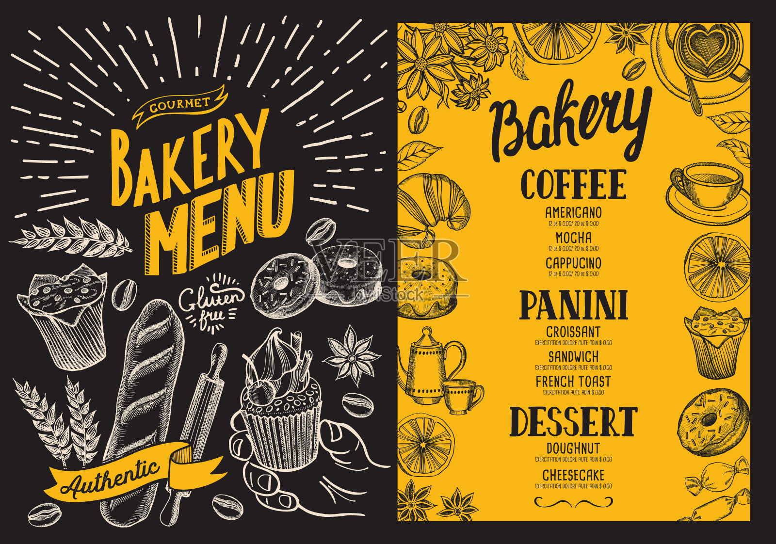 餐厅的面包房菜单。设计模板与食物和甜点手绘图形插图。插画图片素材