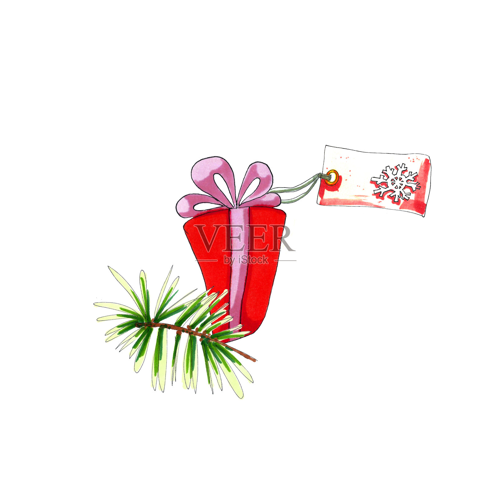 一个红色的圣诞礼物盒，上面有标签和松枝。插画图片素材