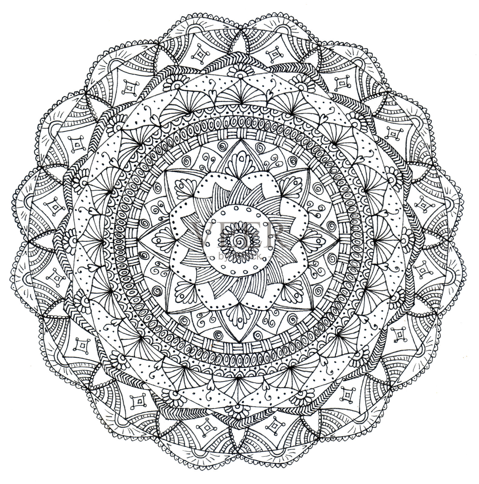 曼荼罗-一个封闭的几何系统，从一个中心点等距的元素。在佛教和印度教的宗教和深奥实践中使用的神圣的图示或构造。插画图片素材