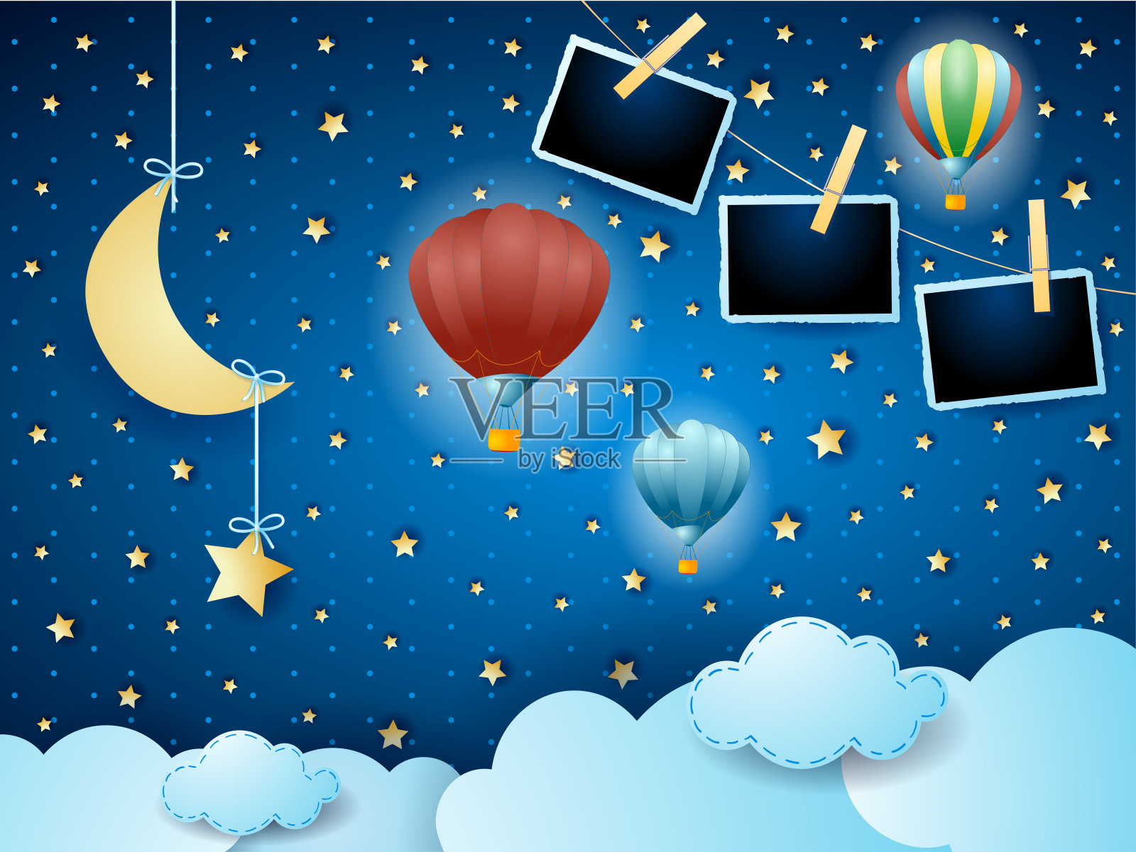 梦幻的夜晚，挂着月亮，气球和相框插画图片素材