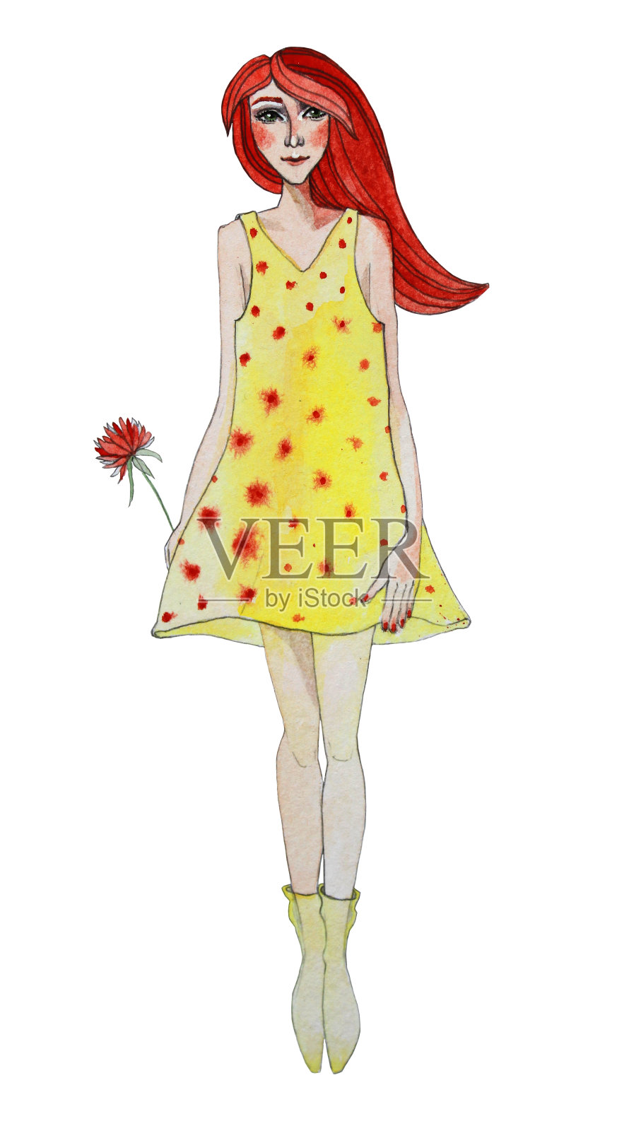 手绘水彩夏天春天女人红头发和黄色连衣裙。插图孤立在白色背景卡，不干胶。插画图片素材