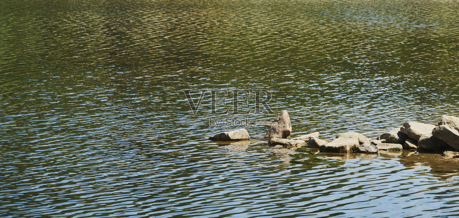一排石头伸入一个浅浅的湖泊，抽象沉思的意象，背景照片摄影图片
