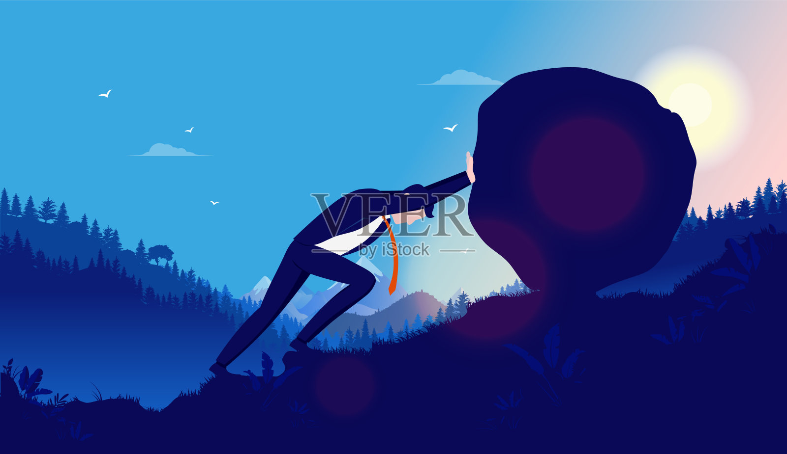 沉重的任务和问题-商人推动沉重的岩石上山与太阳山和森林的背景插画图片素材