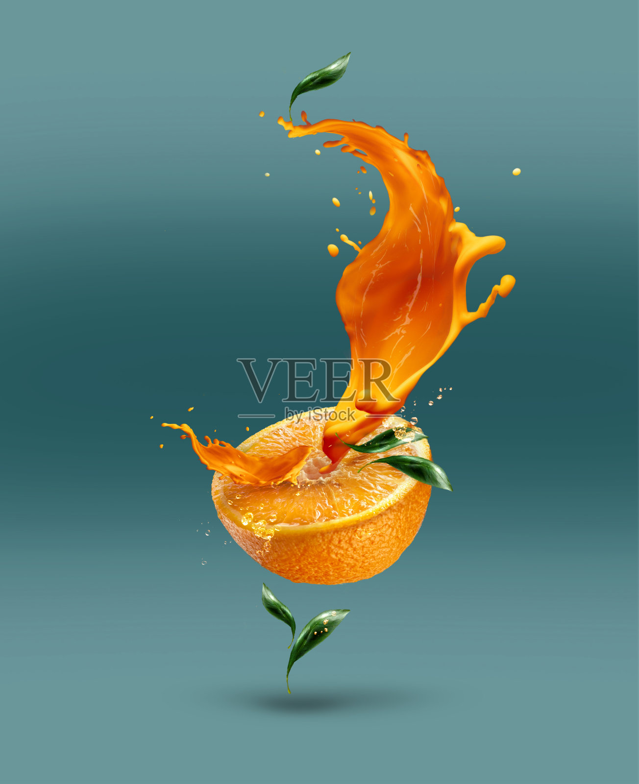 一滴果汁从桔子里飞溅出来。这幅作品就像一艘带着帆的船照片摄影图片