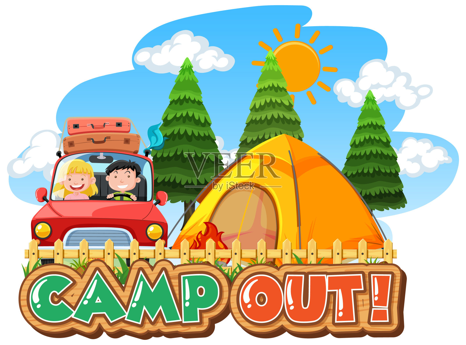 字体设计露营与帐篷在公园插画图片素材