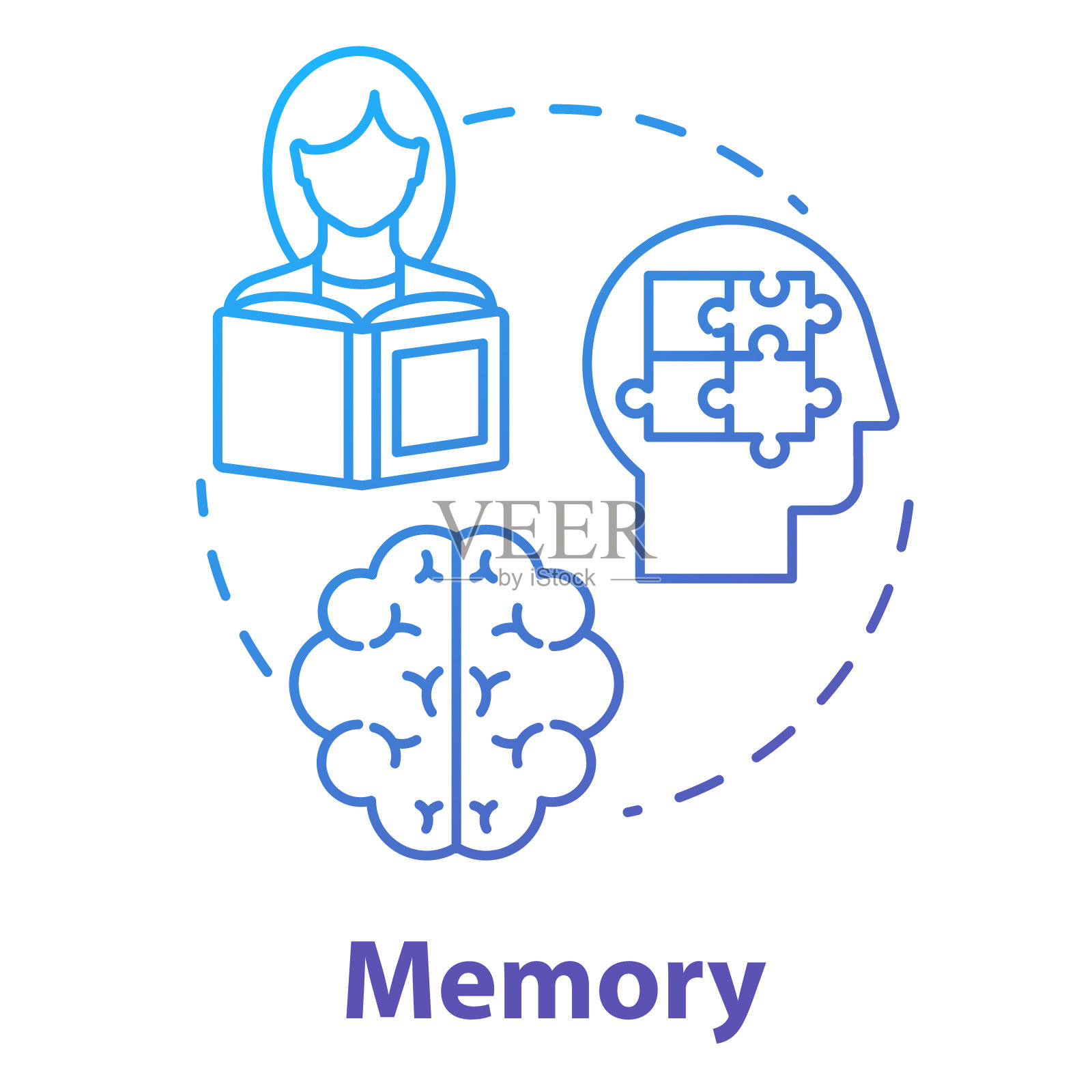 记忆概念图标。接收和存储信息。考试准备。脑信息处理系统理念的细线说明。矢量隔离轮廓RGB彩色绘图插画图片素材