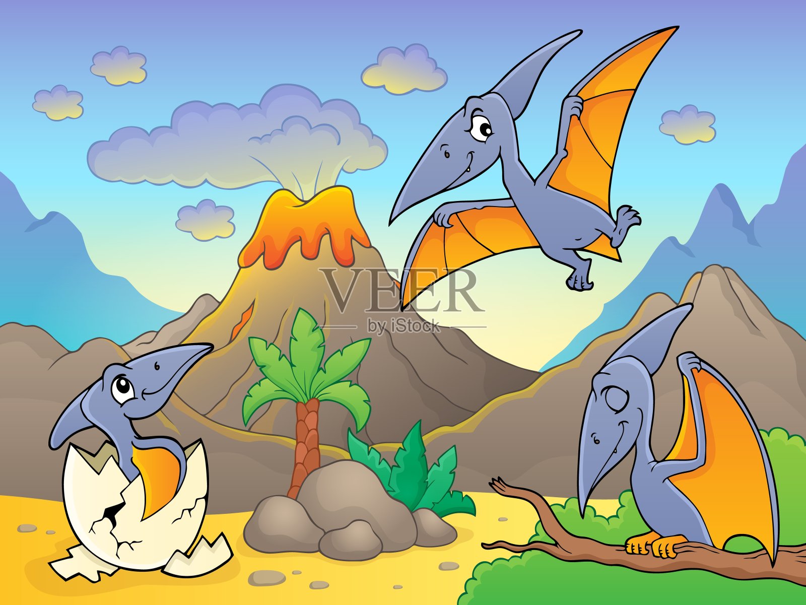 火山附近的翼手龙插画图片素材