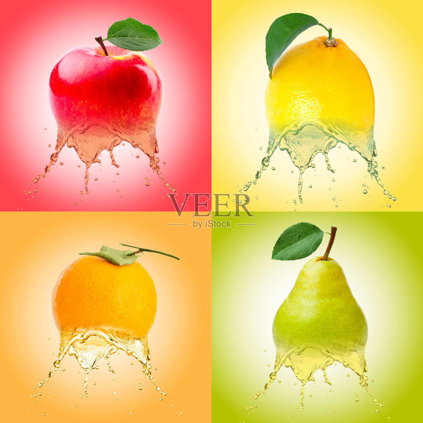 液化的水果，苹果，梨，橙子和柠檬变成液体。照片摄影图片