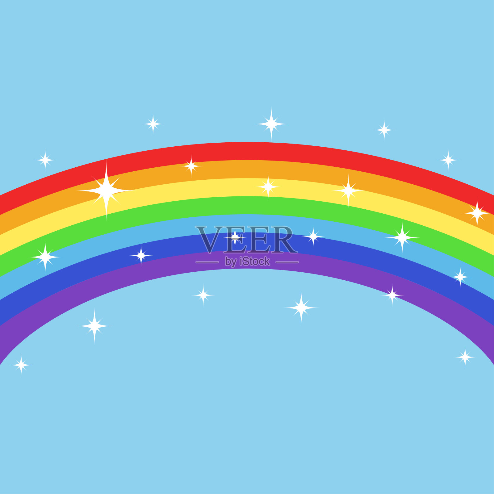 彩色彩虹与魔术星星之上的蓝天背景设计，股票矢量插图设计元素图片