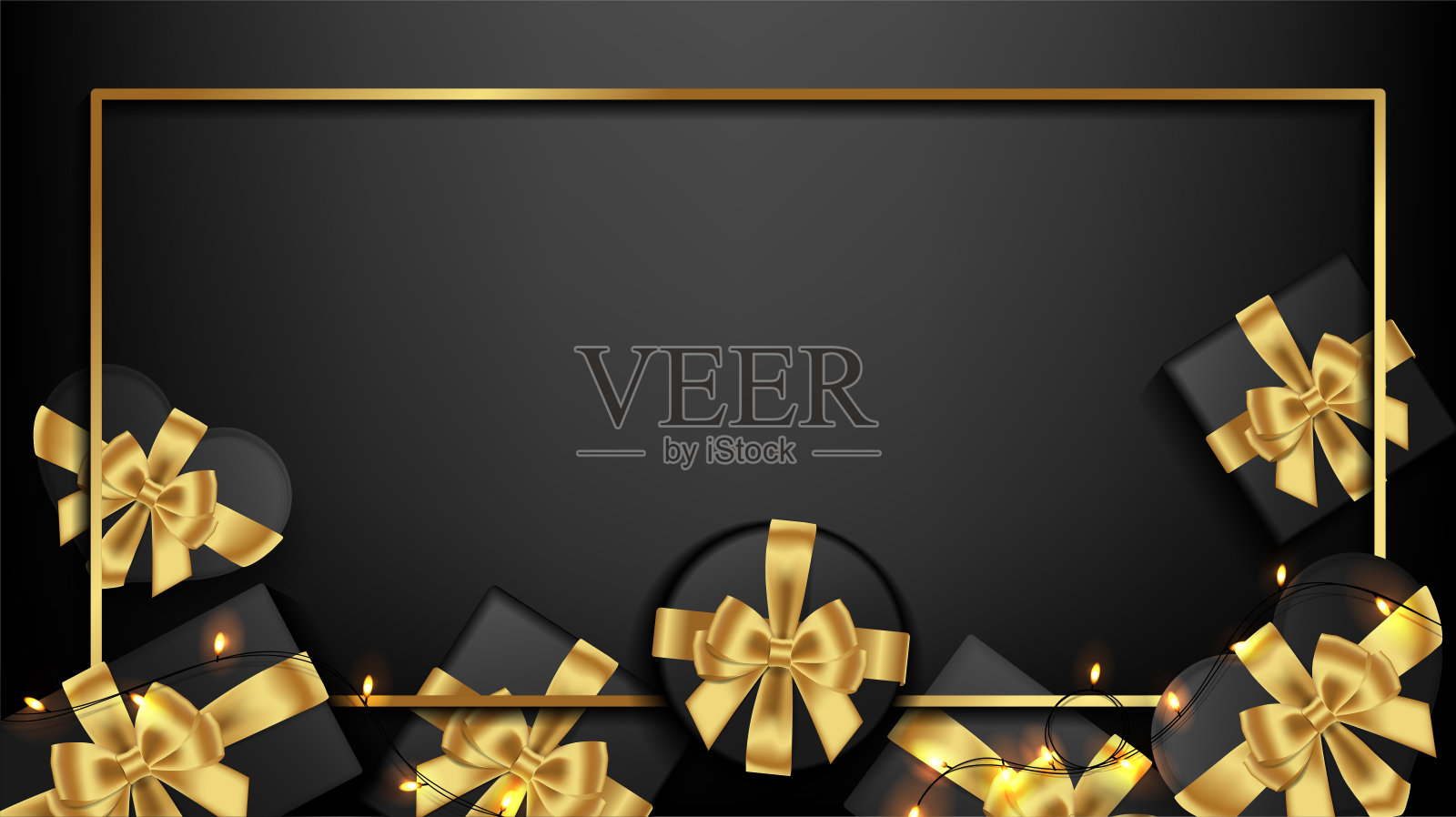黑色背景与礼盒装饰金色丝带和闪闪发光的灯光与矩形黄金框架。矢量插图。插画图片素材