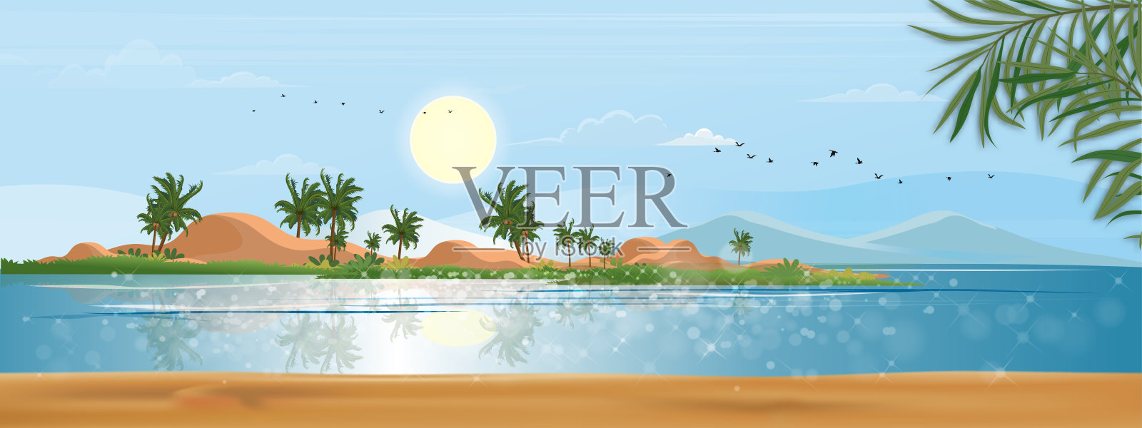 热带海洋和岛上的椰子树全景，全景海滩和沙滩与蓝天，矢量插画平面风格的自然景观海滨暑假插画图片素材