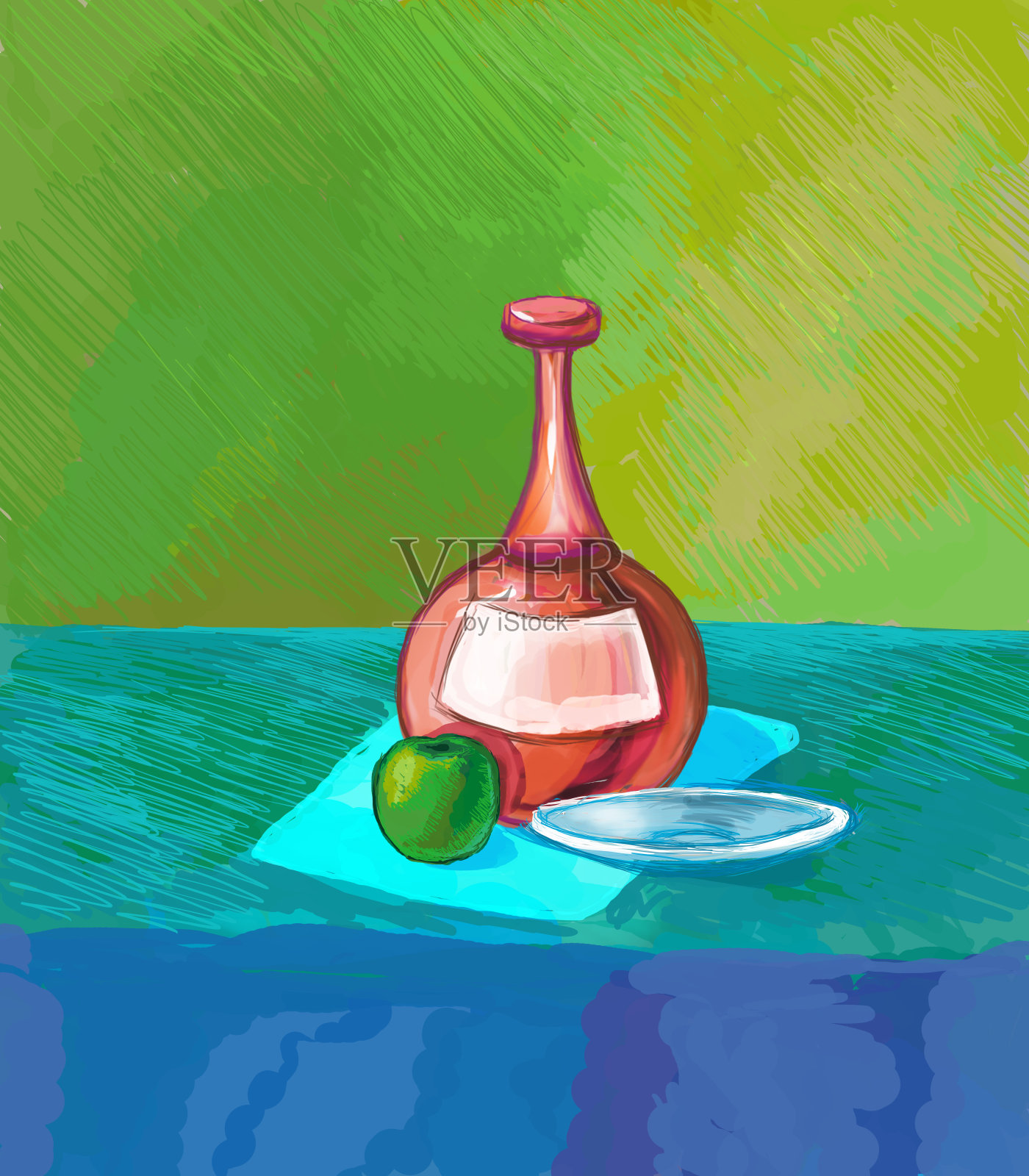 一幅静物画，一个红罐子，一个白盘子，蓝色桌布上有一个绿苹果插画图片素材