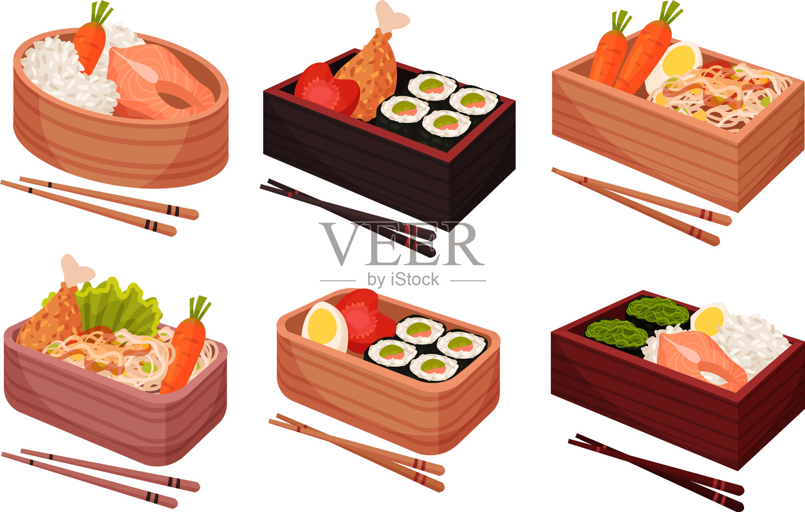 用筷子夹在浅盘上的亚洲菜插画图片素材