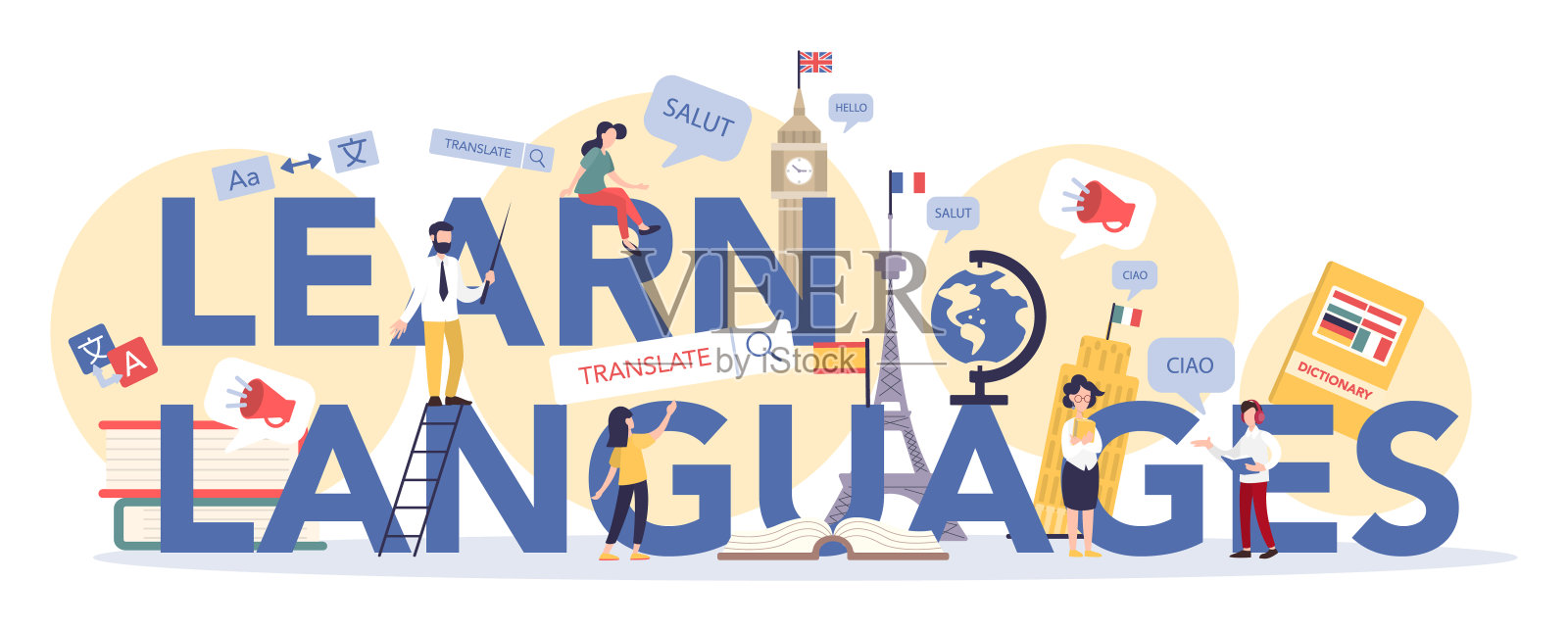 语言学习排印头概念。和以英语为母语的人一起学习外语。插画图片素材