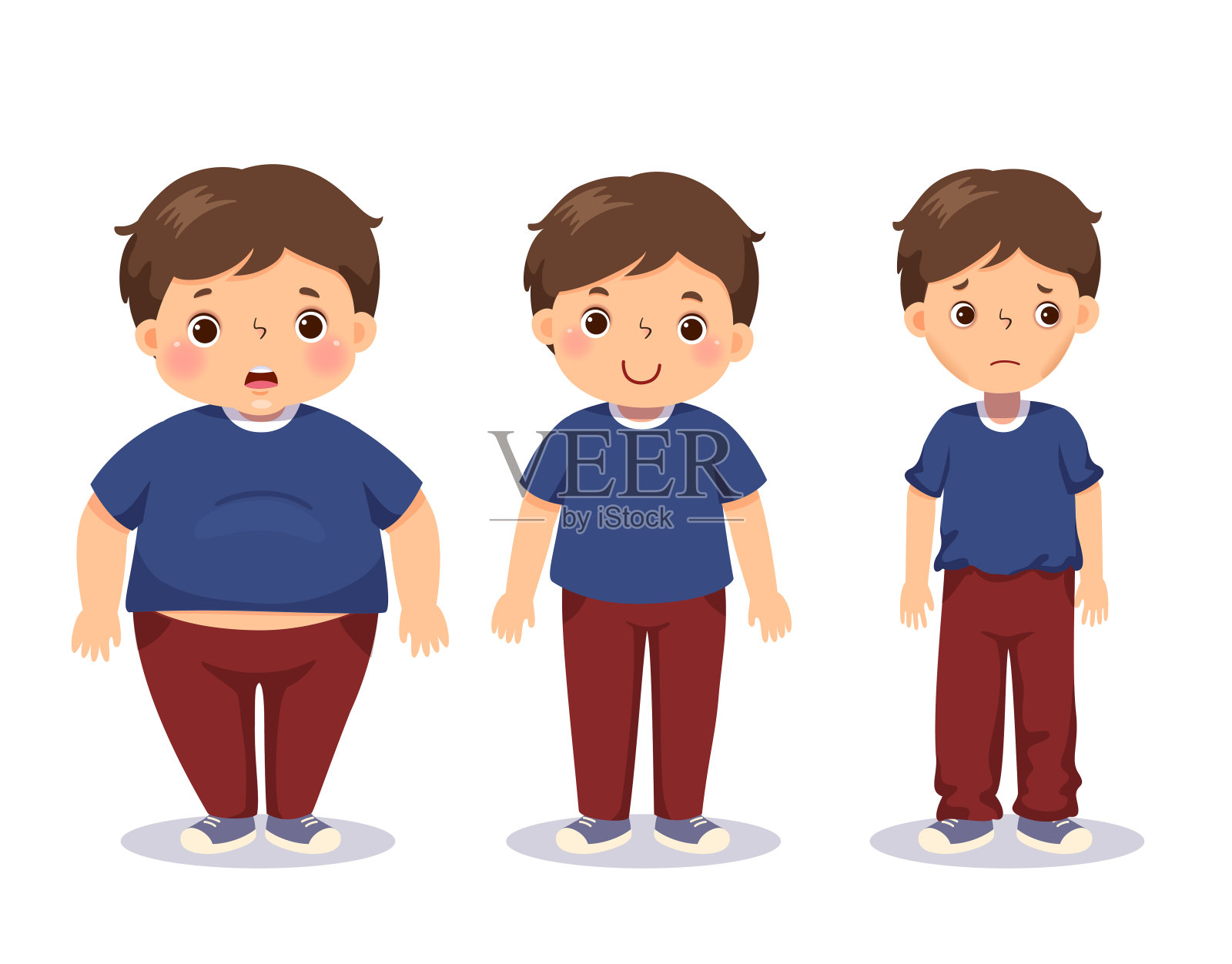 矢量插图可爱的卡通胖男孩，平均男孩，瘦男孩。男孩的体重不同。设计元素图片